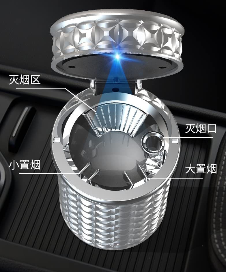 Portable Car Ashtray with Lid - Mini LED Light Car Trash Can for Cigarettes, Home & Office Use - Leakproof & Odor Control - Perfect for Road Trips, Commuting & Smoking Areas (Dark Blue)