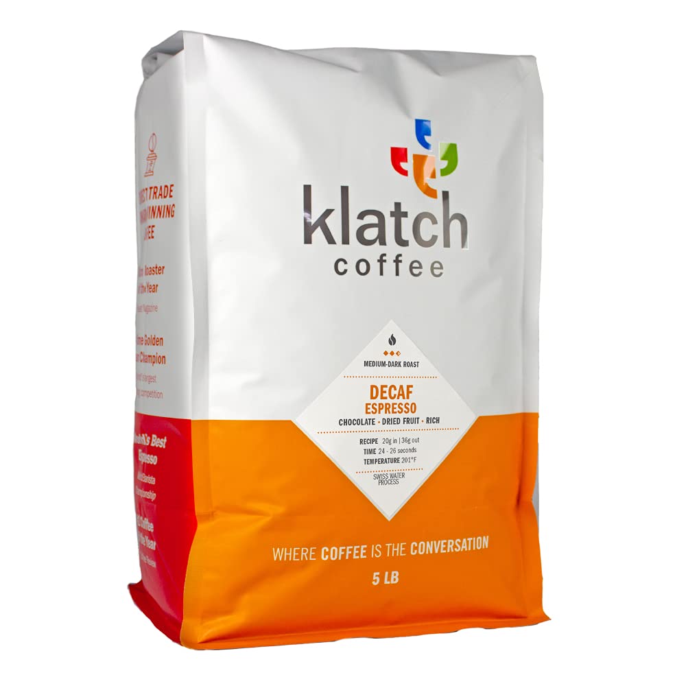 Klatch Coffee Decaf Espresso Medium-Dark Roast Whole Bean Coffee - 5 lb Bulk Bag for Home Brewing, Cafes & Office Use