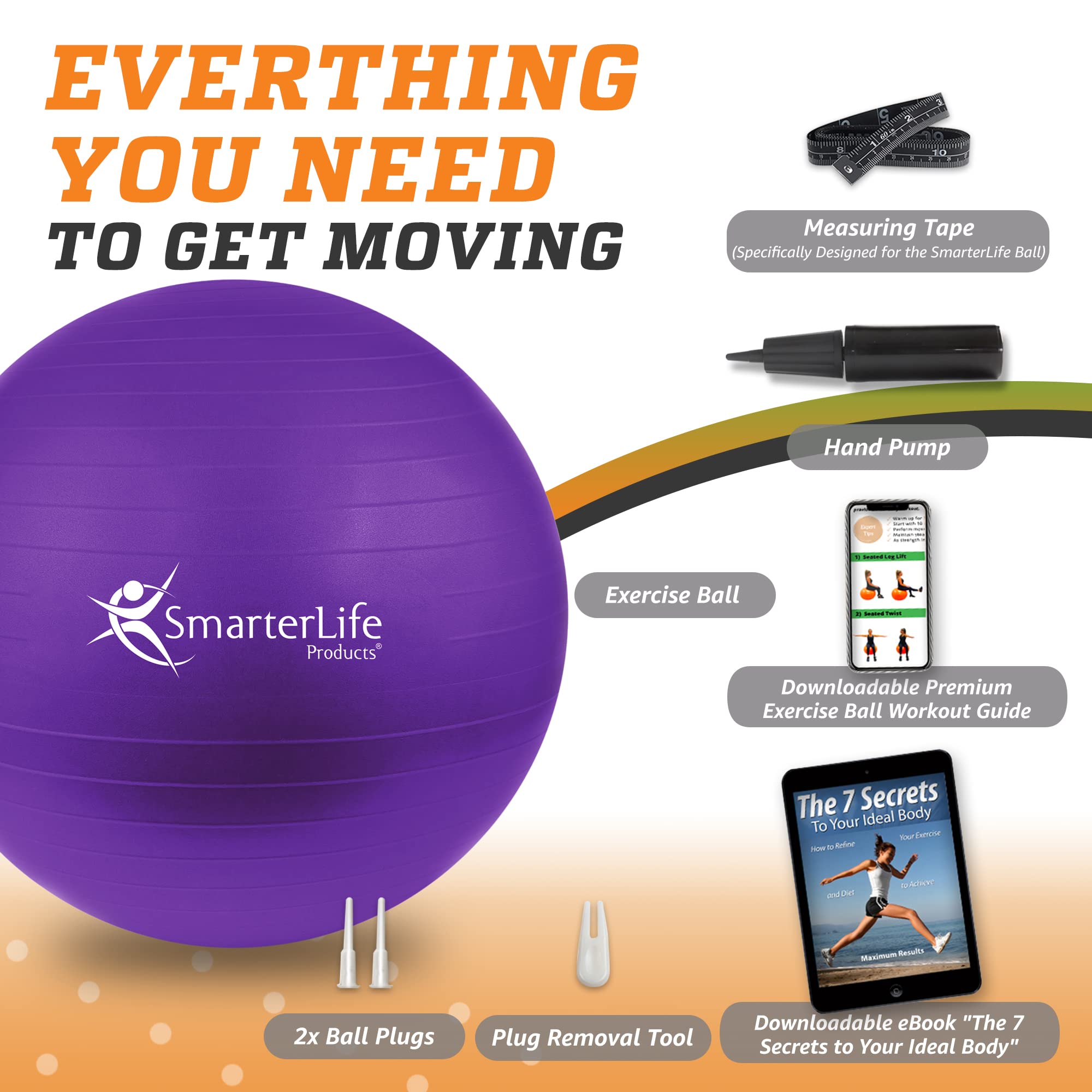 Premium Anti-Burst Exercise Ball - Yoga & Fitness Stability Ball for Core Workouts, Physical Therapy, Pregnancy & Office Chair - Non-Slip Gym Ball for Home, Gym & Yoga Studio Use