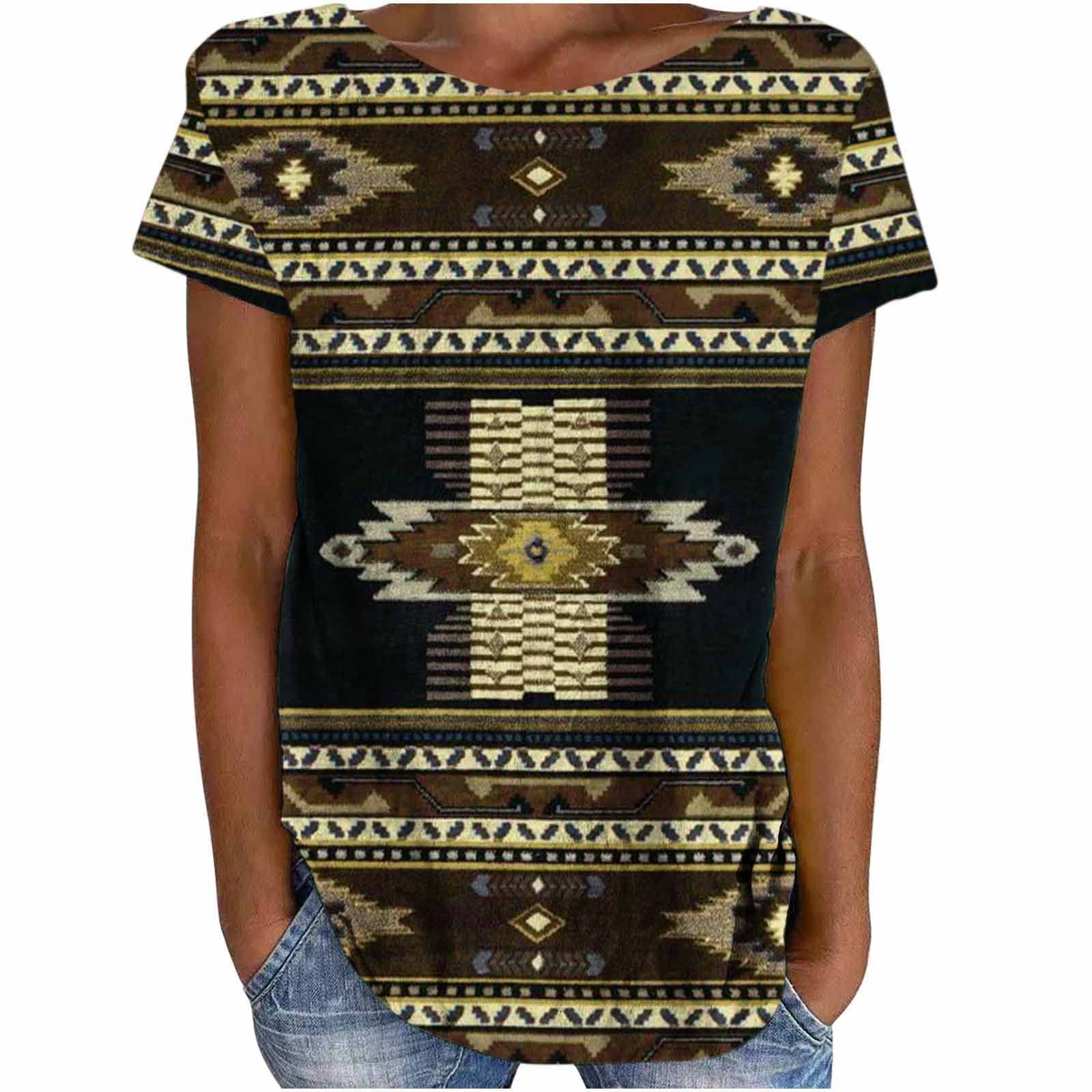PIMOXV Women's Western Ethnic Style T-Shirt - Geometric Rhombus Printed Oversized Crewneck Summer Casual Tee for Women | Boho Fashion, Vacation Outfit, Everyday Wear