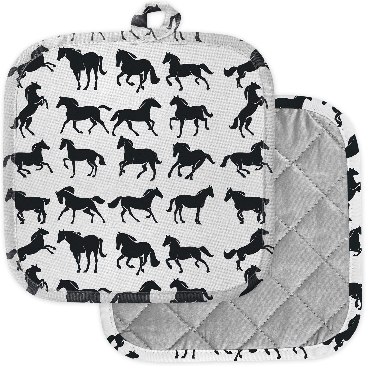 2 Pack Heat Resistant Kitchen Pot Holders - Washable Oven Mitts & Hot Pads for Cooking, Baking, Grilling - Horses Silhouette Design on Grey Trivet for Stovetop & Countertop Protection