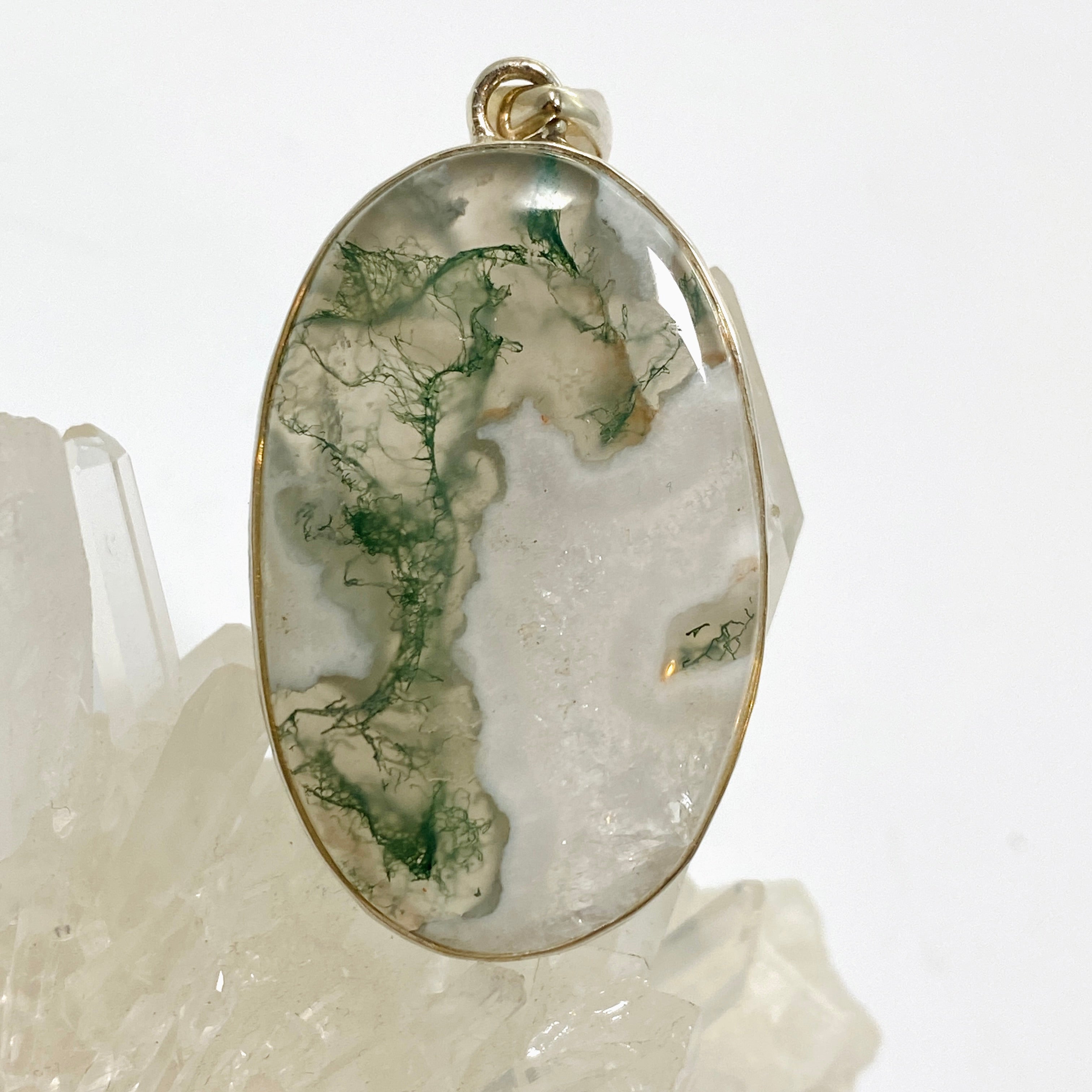 Natural Moss Agate Oval Cabochon Pendant in Handmade Hammered Sterling Silver Setting KPGJ4708 - Perfect for Boho Jewelry, Spiritual Healing & Gift Giving