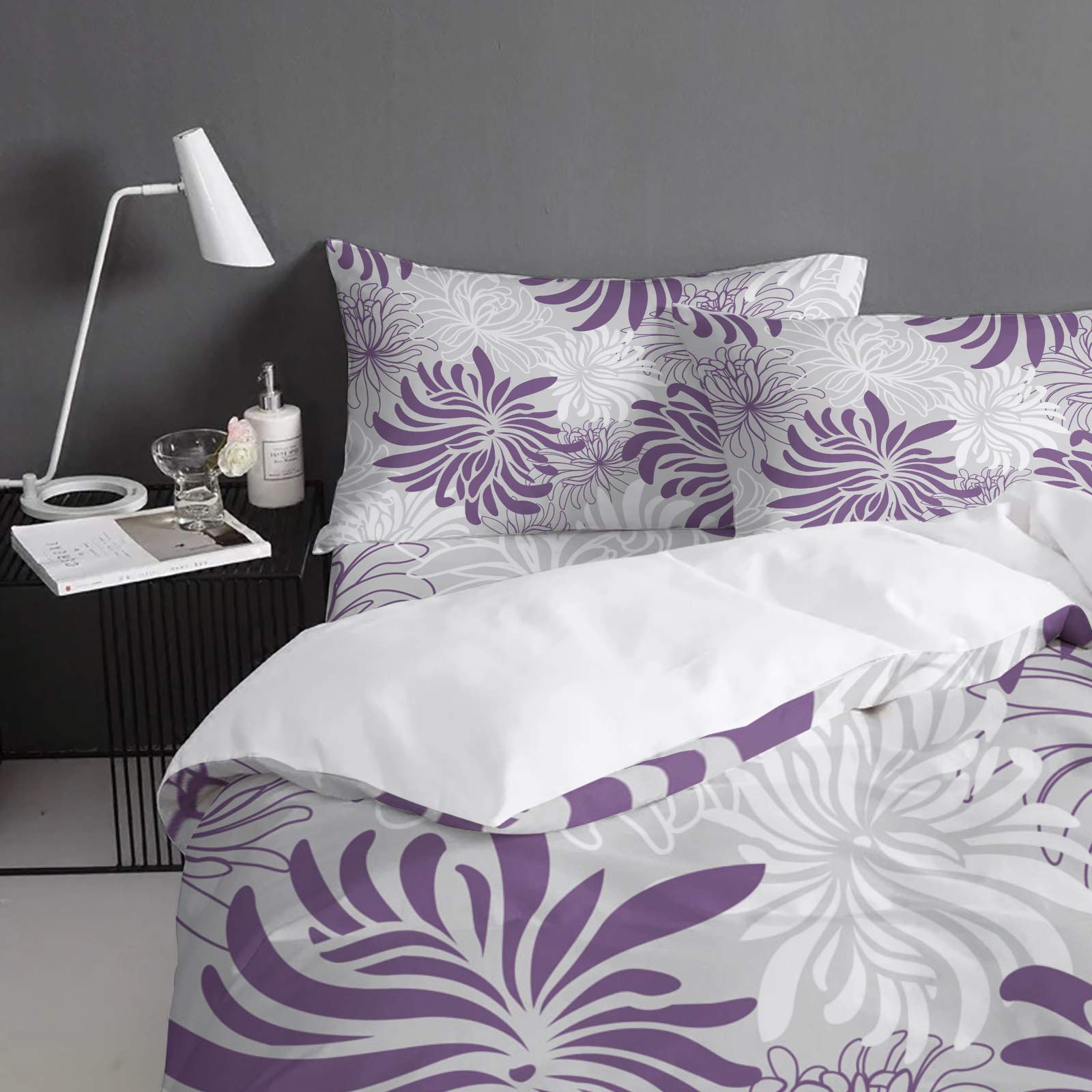 Soft Purple Flower Chrysanthemum Zipper Duvet Cover Set - Full Size Comforter Cover with Twill Plush Bed Sheets for Girls & Boys | Cozy Bedroom Decor for Kids & Teens