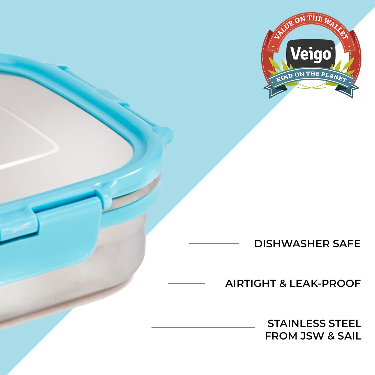 Veigo Stainless Steel Medium Snack Box 330ml - Airtight Leakproof Food Container for School, Office & Travel | Freezer & Dishwasher Safe | BPA-Free with Silicone Ring & Secure Lock | Perfect for Kids Lunch, Meal Prep & Snack Storage (Sky Blue)