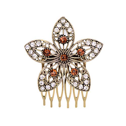 Vintage Metal Alloy Hair Side Comb with Shiny Rhinestones - Leaf Honeybee Flower Hair Clip for Women | Wedding, Bridesmaid, Pigtail Holders & Everyday Elegant Hairstyles
