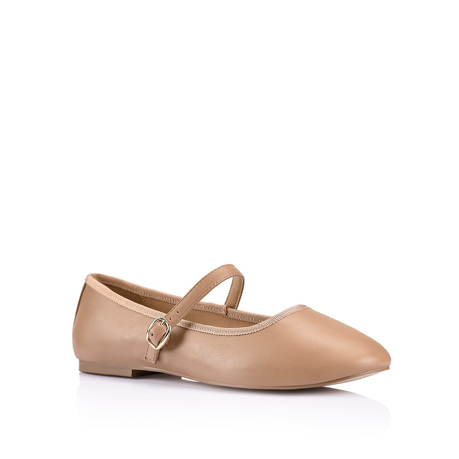 Bambi Mary Jane Flats for Women - Dark Camel Leather Shoes | Comfortable & Stylish Ballet Flats for Work, Office, and Casual Wear