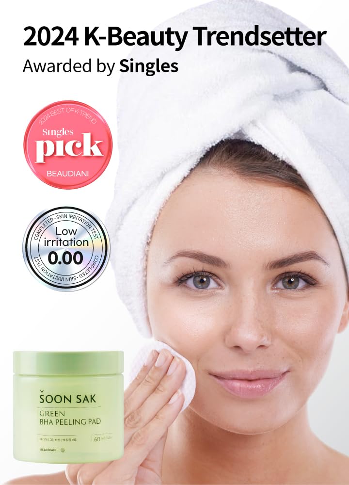 Green BHA Exfoliating Pads 60pcs - Korean Toner Pads for Face, Pore Tightening & Hydration - Chemical Peel Pads with Fruit Extract for Soothing Skincare | Perfect for Daily Exfoliation & Acne Treatment