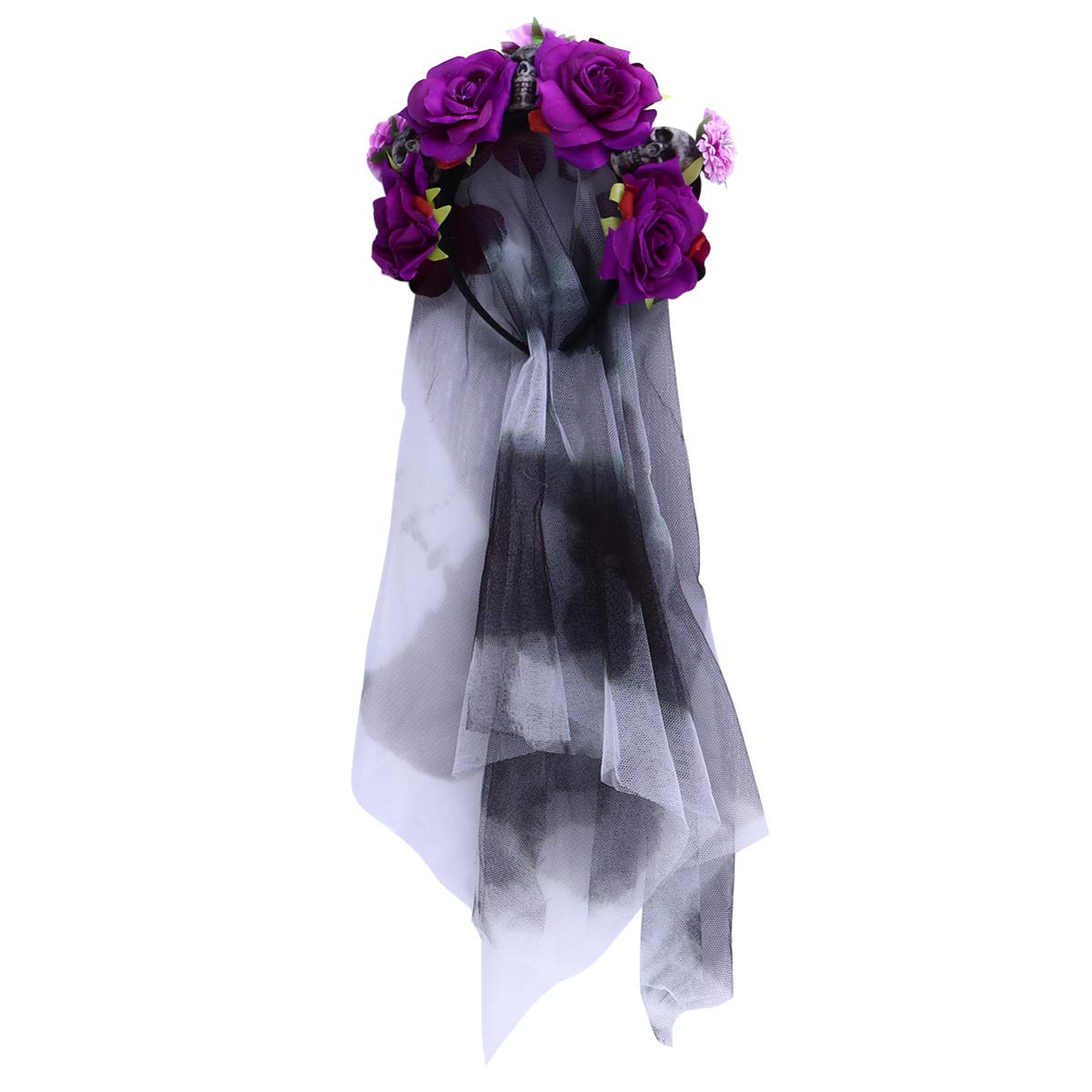 Beaupretty Day of The Dead Floral Rose Headband with Veil & Skull Decor - Gothic Halloween Hair Accessory for Women, Bridal Shower, Costume Parties & Dia de Los Muertos Celebrations