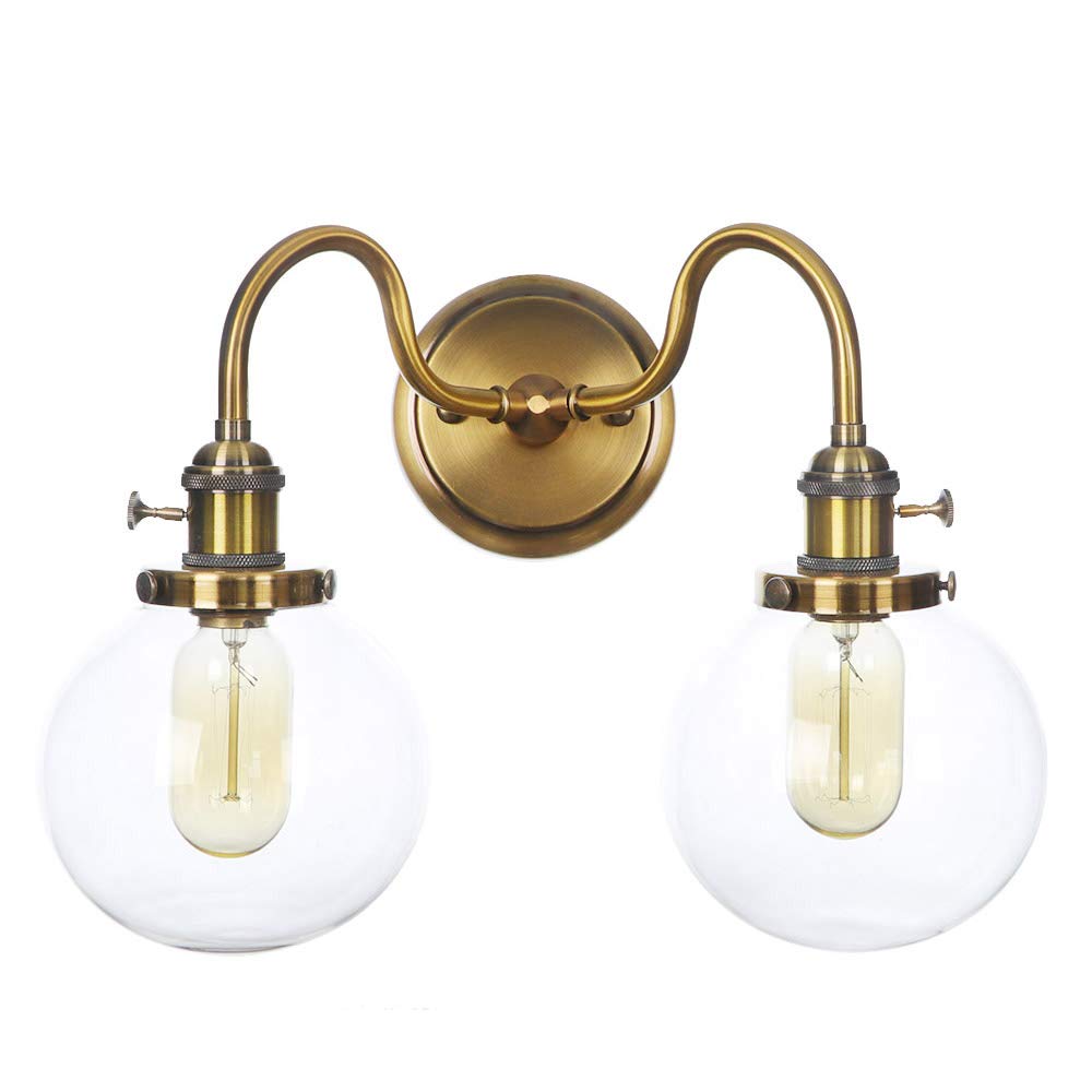 Vintage Gold Metal Wall Lamps with Clear Glass Lampshade - 2-Light Bedroom Sconce with Switch | Perfect for Bedroom, Living Room, Hallway & Reading Nook Lighting