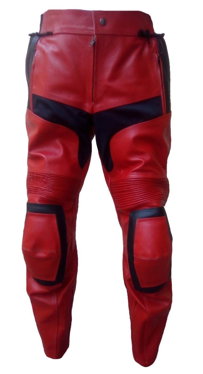 LEATHERAY Men's Genuine Leather Motorcycle Pants - Red & Black Biker Pants for Harley Davidson & Cruiser Riders - Perfect for Road Trips & Motorcycle Events