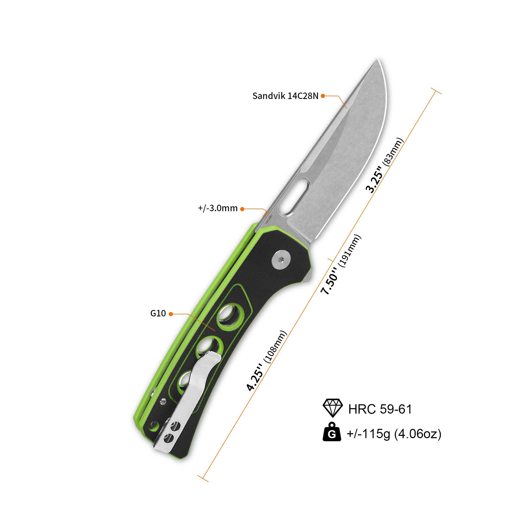 QSP Unicorn Button Lock Pocket Knife - 14C28N Stainless Steel Blade with Black Coating & Neon G10 Handle - EDC, Camping, Hiking, Outdoor Survival Gear