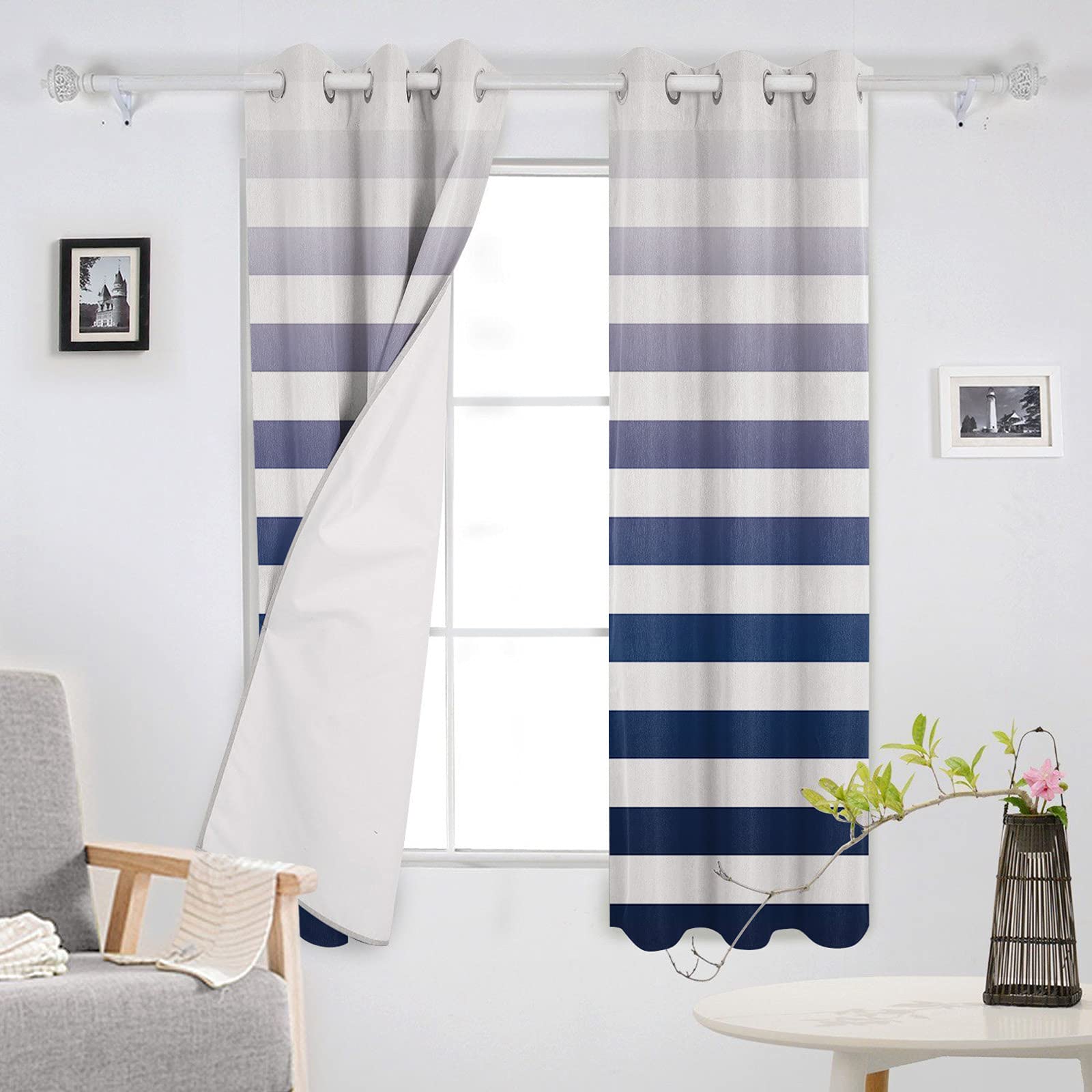 Navy Blue Stripe Gradient Blackout Curtains - Thermal Insulated Room Darkening Grommet Drapes for Living Room & Bedroom (2 Panels, 42x84 Inch) - Perfect for Home Theater, Nursery & Light Sleepers