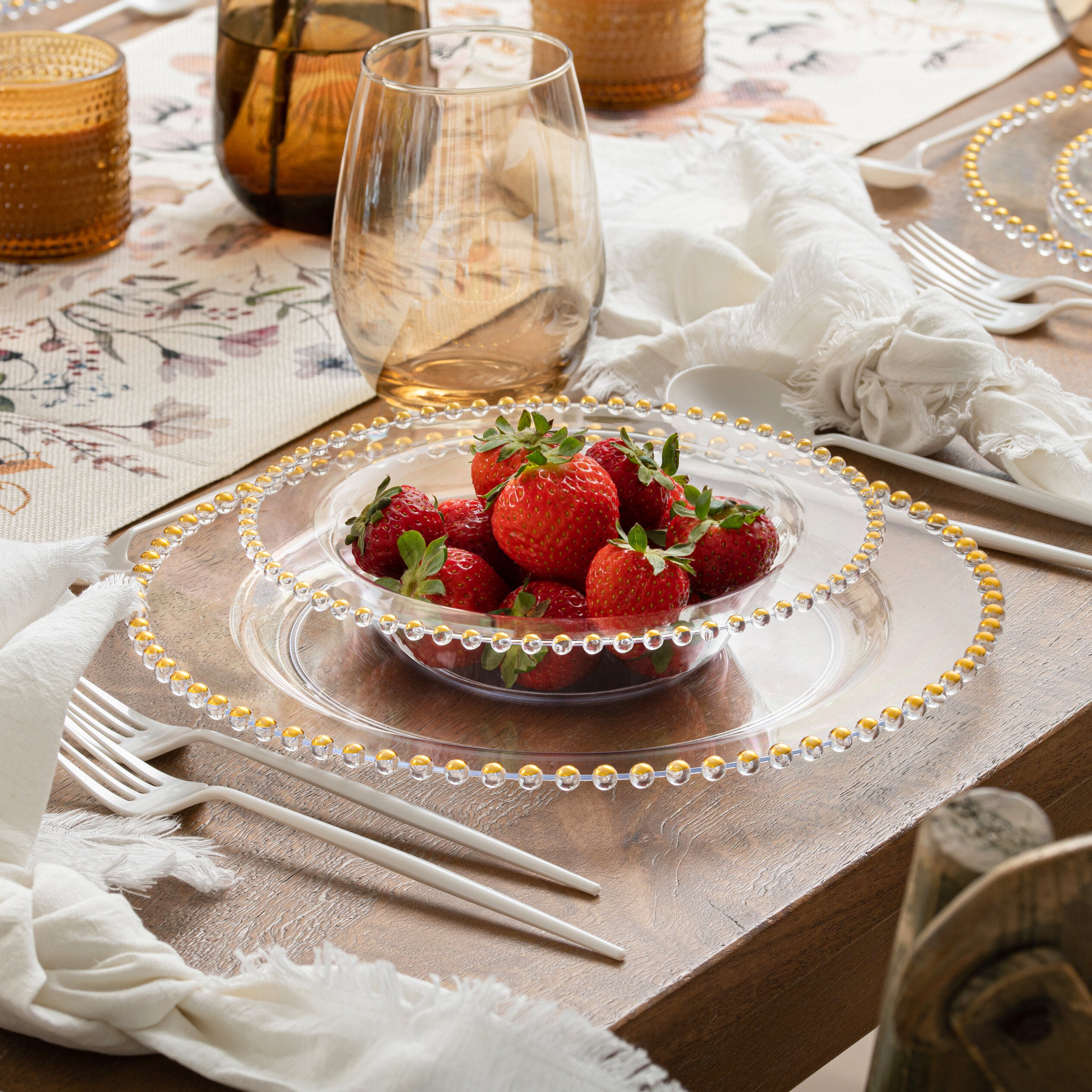 10-Pack Clear & Gold Round Plastic Plates with Beaded Rim - Elegant Disposable Tableware for Parties, Weddings, and Special Events