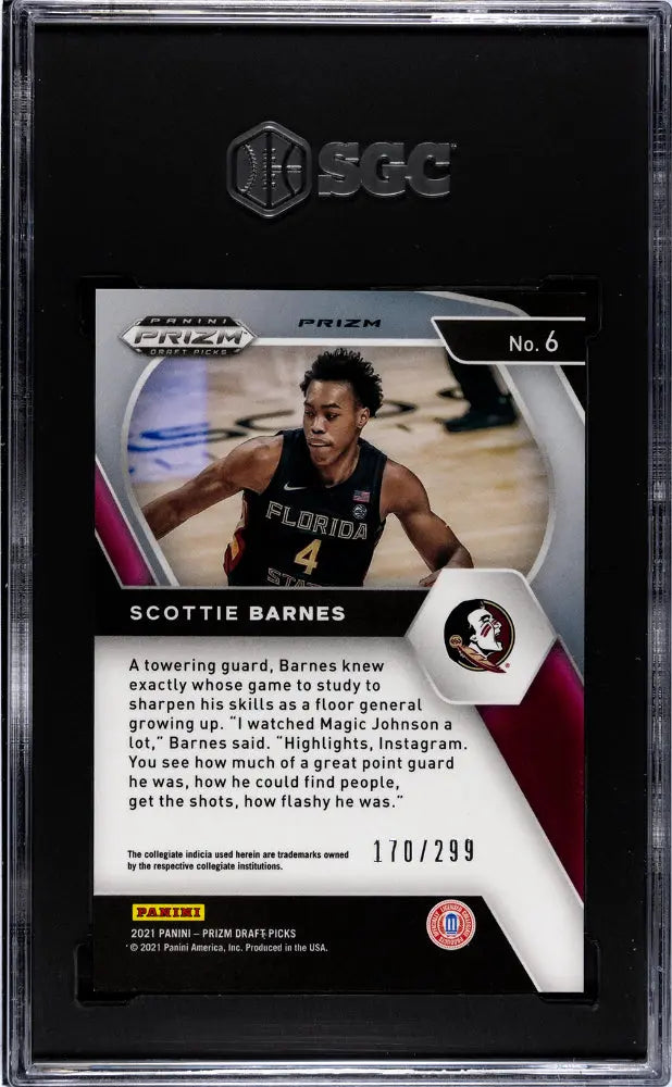 2021-22 Panini Prizm Draft Picks Scottie Barnes Rookie Card Red Prizm SGC 10 Gem Mint 170/299 - Perfect for Basketball Card Collectors and NBA Memorabilia Enthusiasts