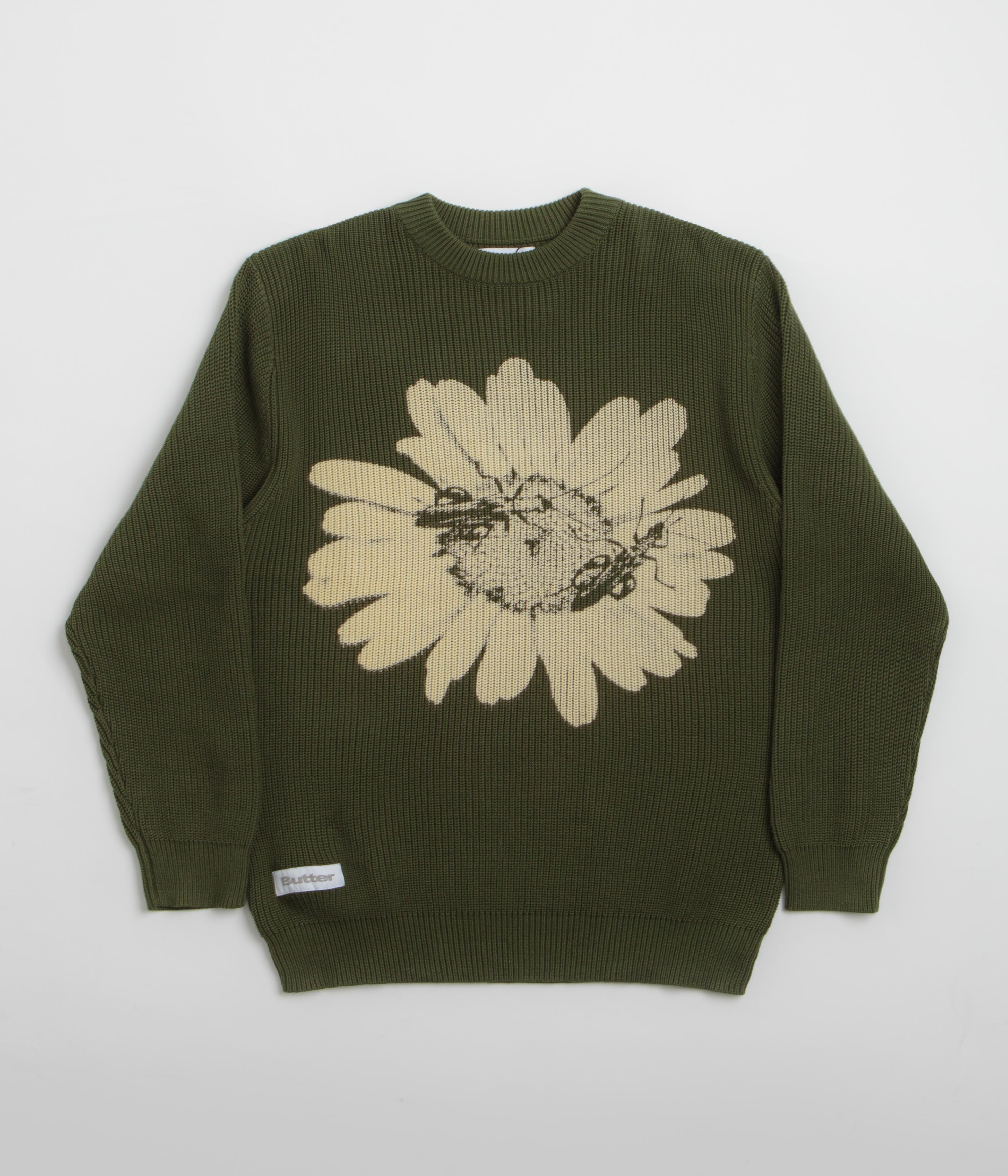 Butter Goods Sunflower Knit Sweatshirt - Army Green Cozy Pullover for Men & Women | Perfect for Casual Wear, Street Style & Fall Fashion
