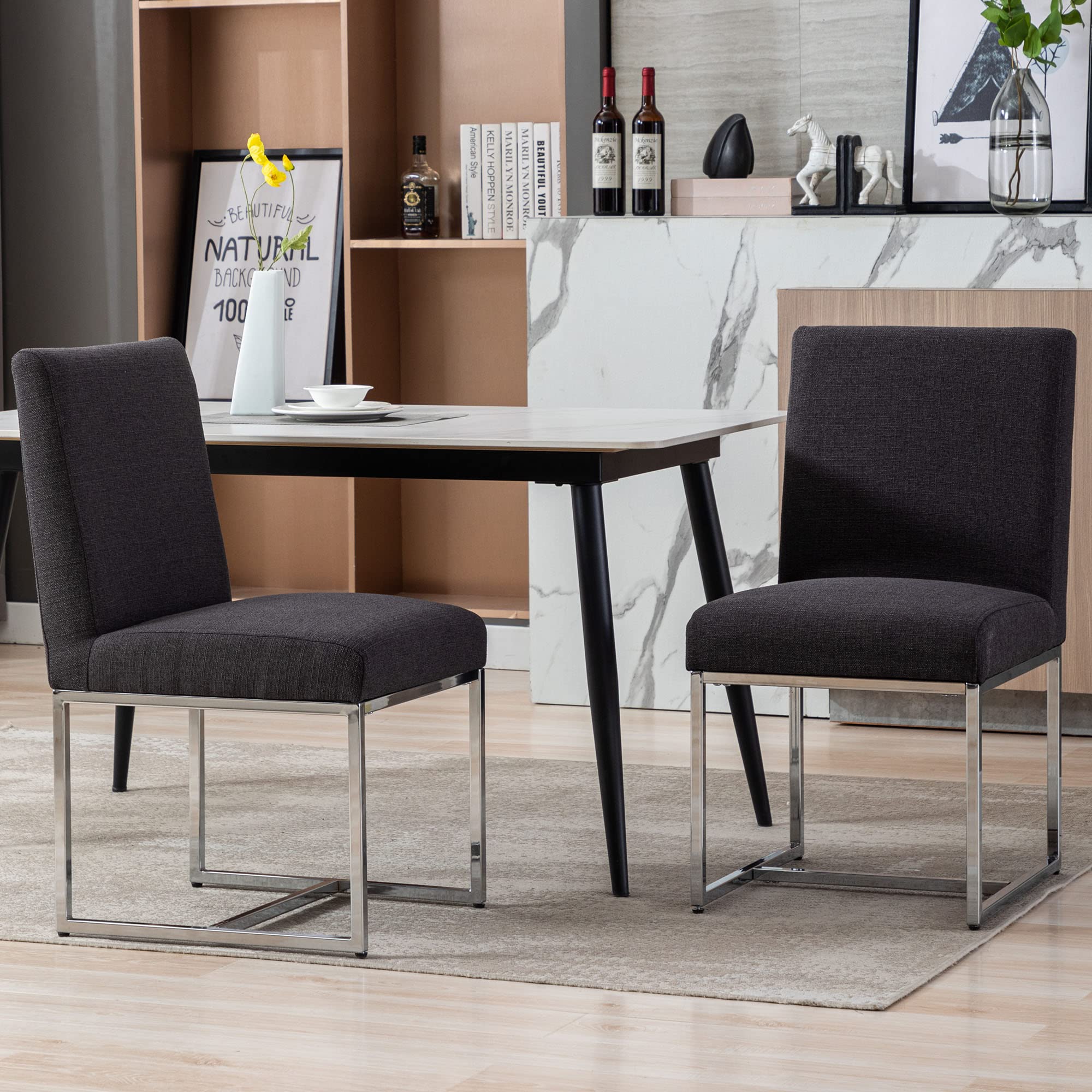 VESCASA Mid Century Modern Dining Chairs Set of 2 - Linen Upholstered Padded Chairs with Chrome Metal Frame - Comfortable Restaurant & Home Furniture for Dining Room, Kitchen, Living Room - Charcoal Gray