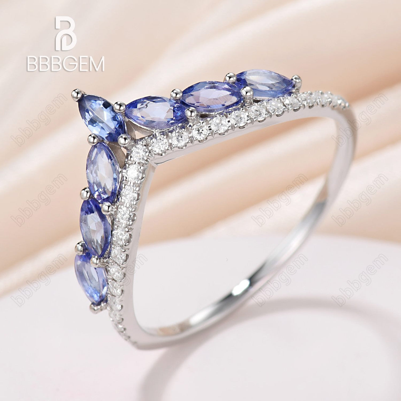 White Gold V-Shaped Chevron Band with Marquise Tanzanite & Moissanite Pave - Stackable Wedding Ring for Women, Perfect for Bridal Sets, Anniversary Gifts & Everyday Elegance
