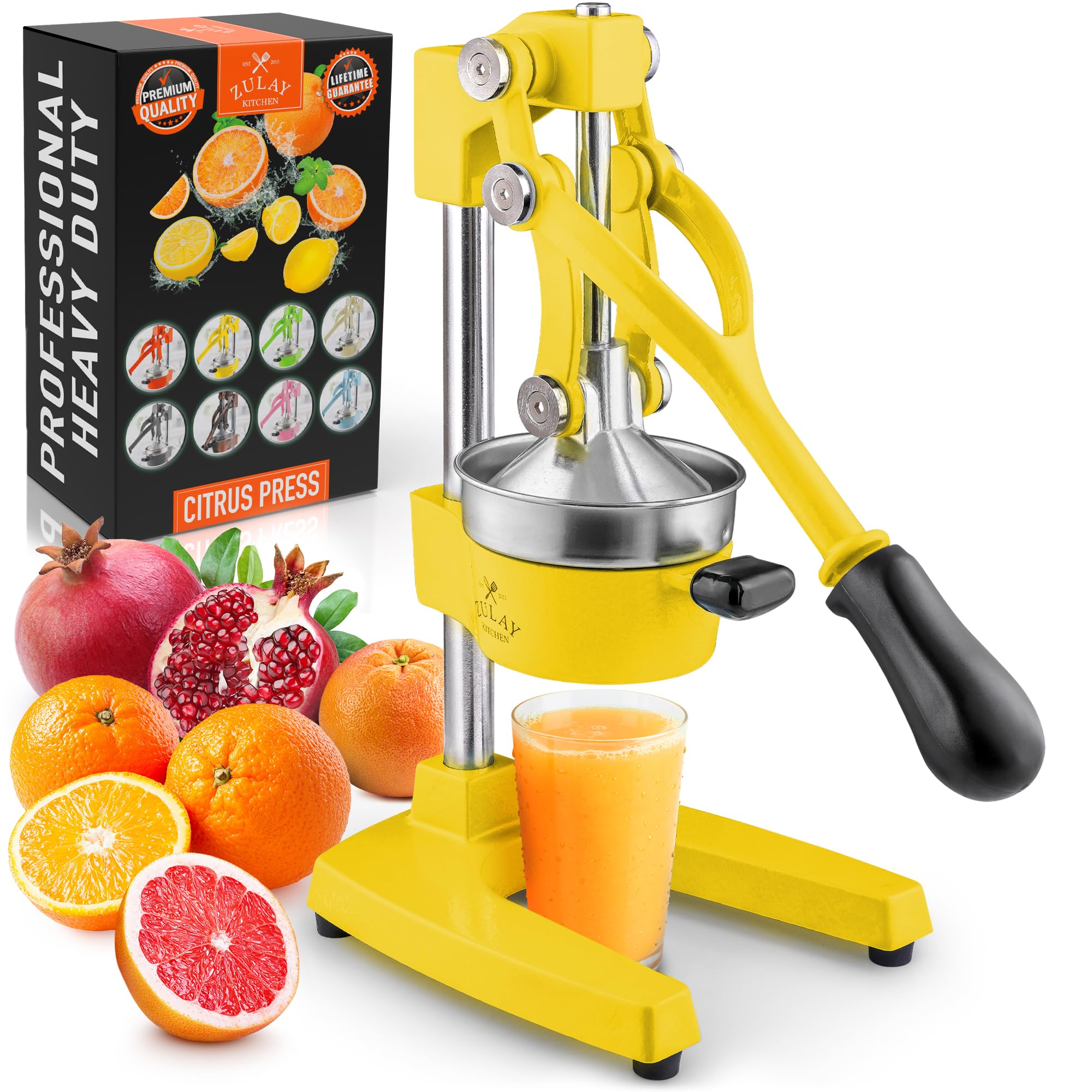 Zulay Kitchen Heavy-Duty Cast Iron Orange Juice Squeezer - Professional Stainless Steel Citrus Juicer for Lemons, Limes & Oranges - Easy to Clean Manual Fruit Press - Durable Yellow Kitchen Gadget for Fresh Juice, Cocktails & Healthy Drinks