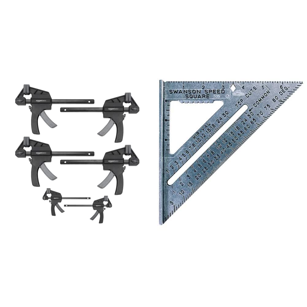 Amazon Basics 6-Piece Trigger Clamp Set (2x 4-Inch & 4x 6-Inch Clamps) + Swanson Tool Co S0101 7-Inch Blue Speed Square - Perfect for Woodworking, DIY Projects & Home Improvement