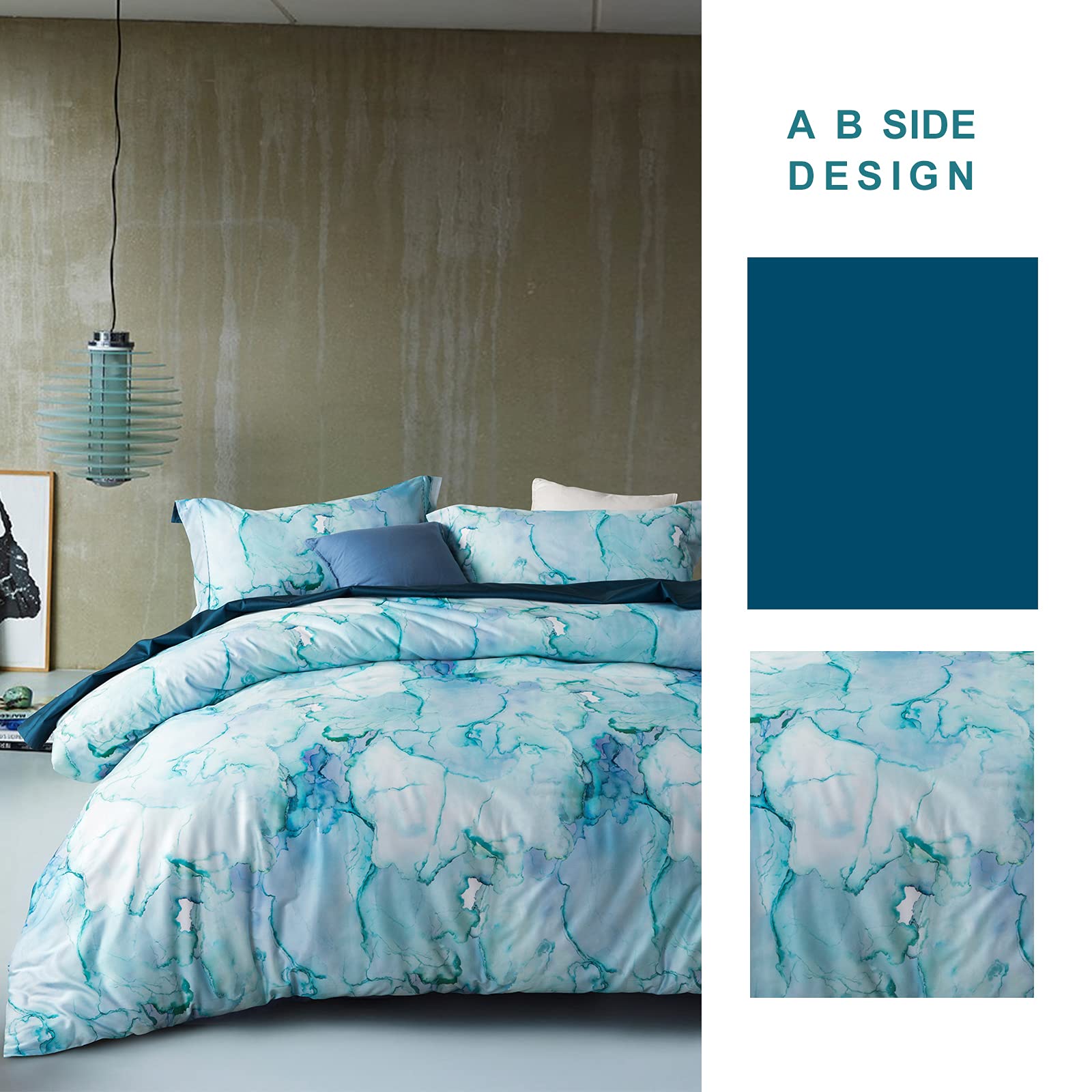 100% Long-Staple Cotton Duvet Cover Set - Aqua Watercolor Marble Printed Comforter Cover 3pc, Ultra Soft & Breathable Bedding for Luxury Master Bedroom or Guest Room