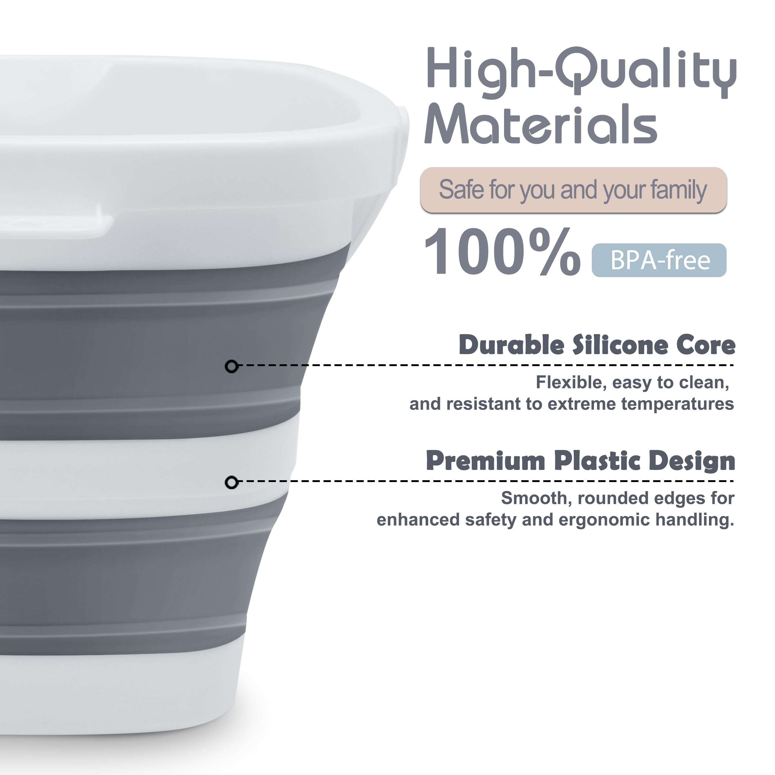 2 Pack Collapsible Bucket 1.4 Gallon (5L) - Foldable Water Container for House Cleaning, Car Wash, Beach, Camping & Fishing | Portable & Lightweight Plastic Pail | Perfect for Outdoor Activities, Travel & Emergency Water Storage (Mini-Grey)