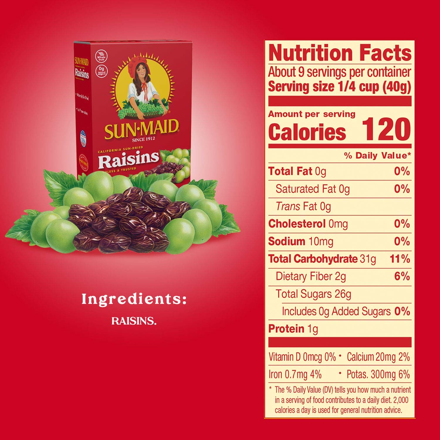 Sun-Maid California Sun-Dried Raisins 12oz - Natural Dried Fruit Snacks for Kids & Adults - Healthy Lunch Box, Baking Ingredient & On-the-Go Snack - Perfect for School, Workouts & Home Cooking