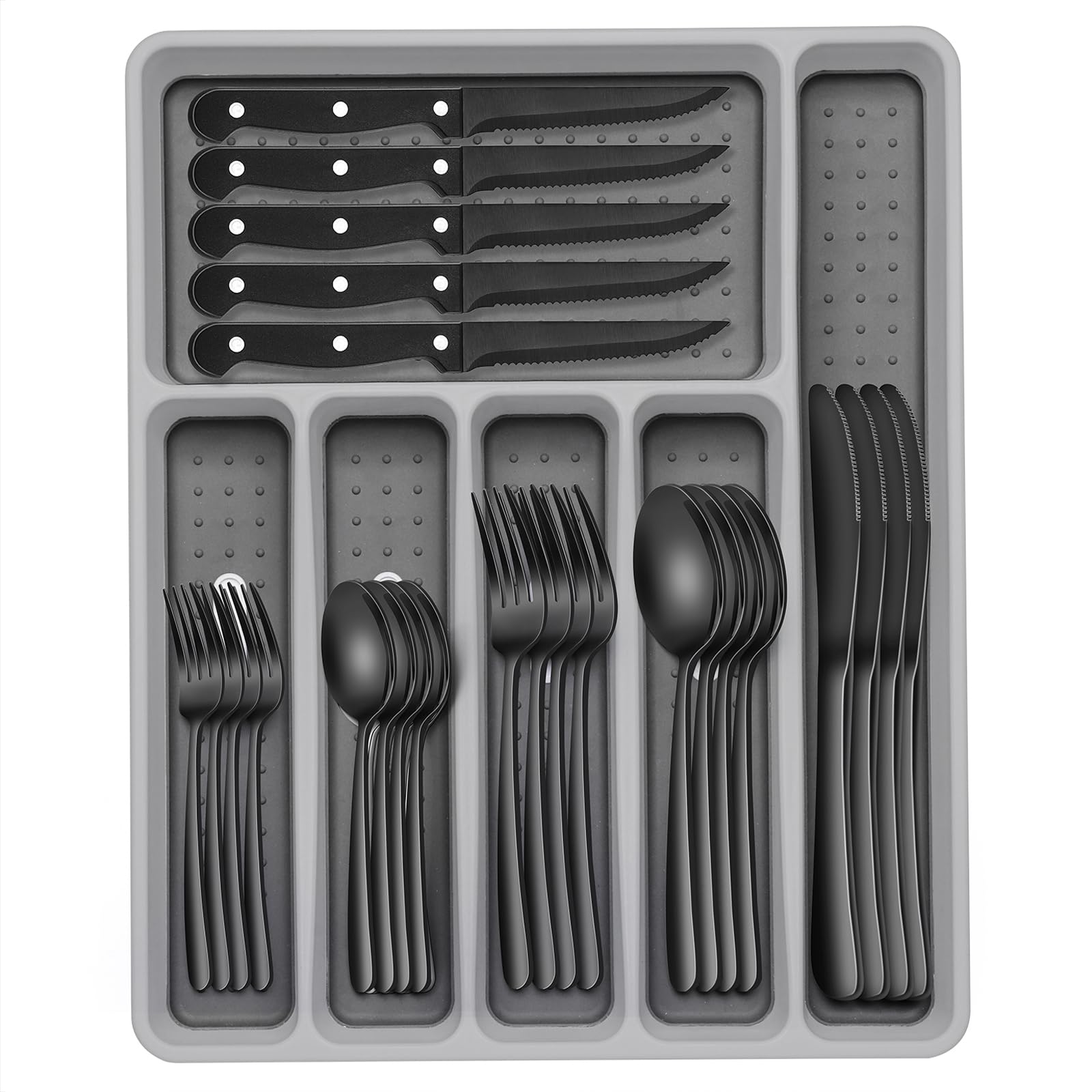 49-Piece Black Silverware Set with Organizer - Heavy Duty Stainless Steel Flatware for 8 People, Including Steak Knives - Rust-Proof, Mirror Polished, Dishwasher Safe - Perfect for Dining, Parties, and Everyday Use