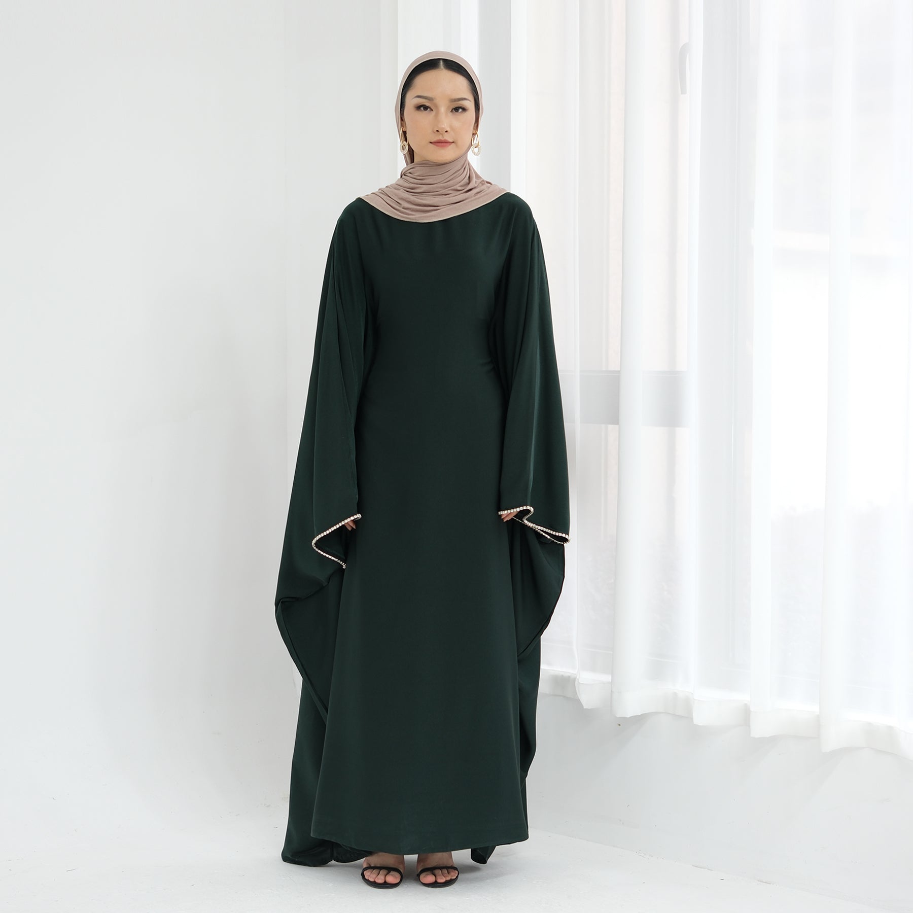 Davina Butterfly Satin Abaya Emerald Green - Elegant Muslim Prayer Dress for Women | Perfect for Eid, Ramadan & Special Occasions