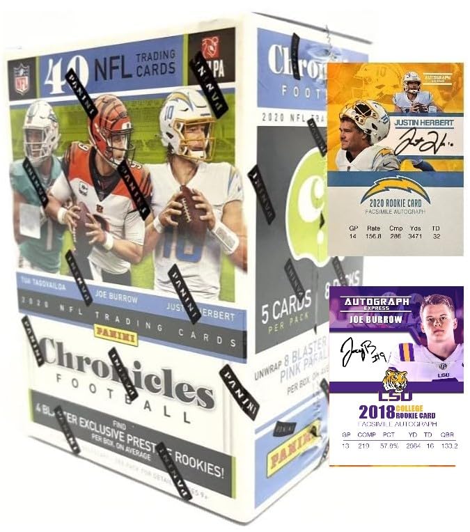 2020 Panini CHRONICLES Football Cards Blaster Box - Factory Sealed with 40 Cards Including Justin Herbert, Joe Burrow & Tua Rookie Cards + Exclusive Custom Cards | Perfect for Collectors, Fantasy Football Fans & Sports Memorabilia Enthusiasts