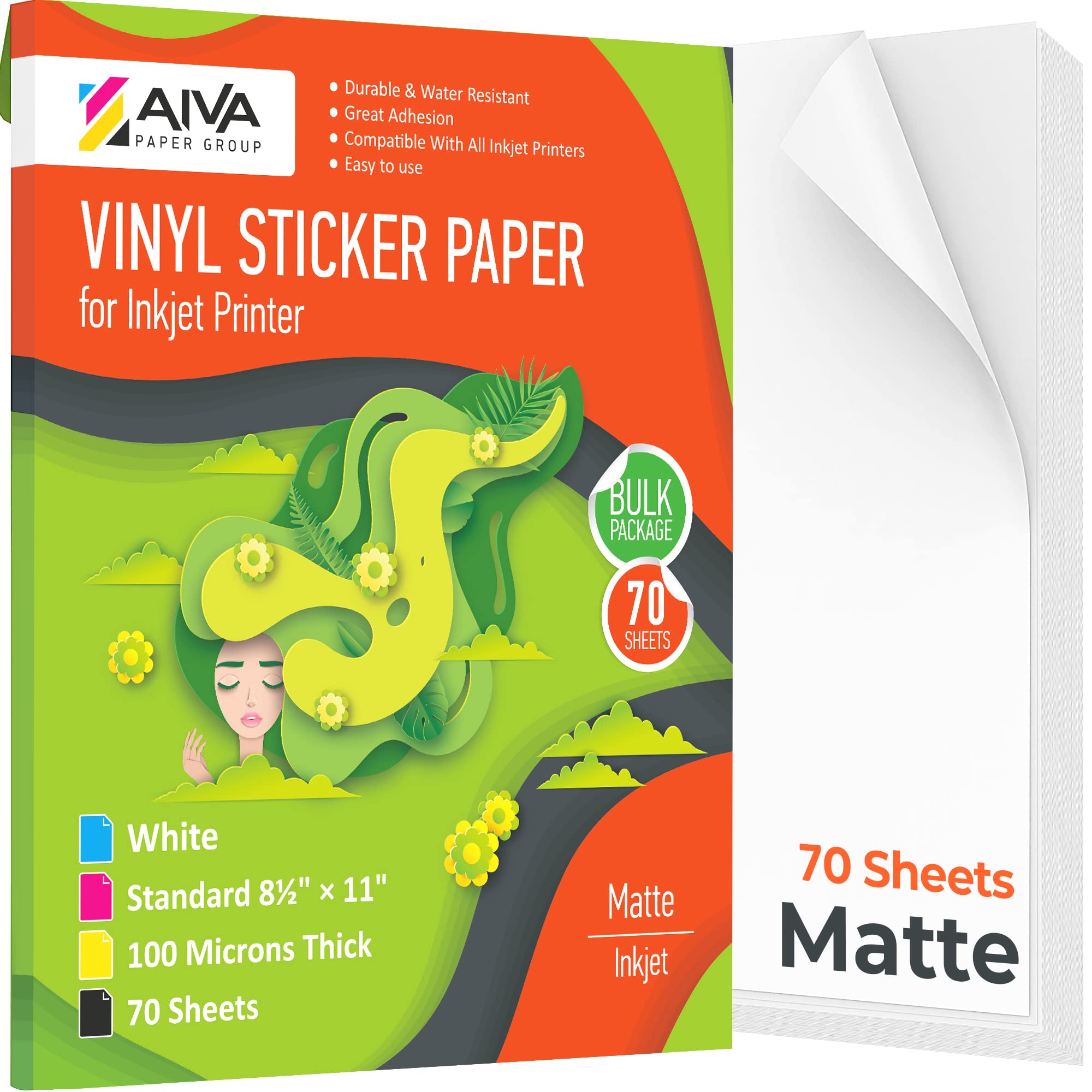 Waterproof Printable Vinyl Sticker Paper for Inkjet Printers - 70 Self-Adhesive Matte White Sheets - 8.5