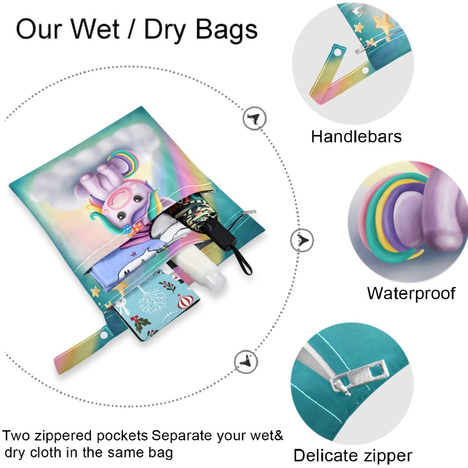 Visesunny 2-Pack Cute Unicorn Rainbow Wet Bags - Waterproof Reusable Zippered Pouch for Swimsuits, Gym Clothes & Diapers - Perfect for Travel, Beach, Pool, Daycare & Stroller Organization - Machine Washable Storage Solution