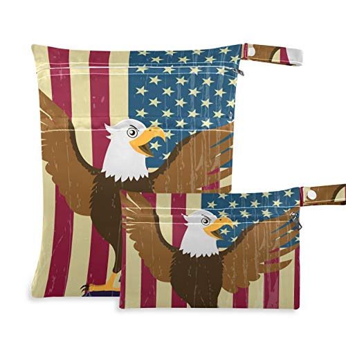 Qilmy 2 Pack Waterproof Wet Dry Bags - Reusable American Flag Eagle Design for Baby Diapers, Swimsuits & Toiletries | Perfect for Travel, Beach, Stroller & Outdoor Activities