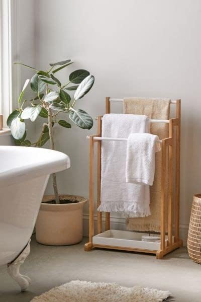 Premium Wooden Freestanding Multi-Tier Towel Rack Stand with Shelf - Bathroom, Bedroom, Kitchen & Gym Organizer | Space-Saving Ladder Towel Holder for Hand Towels, Blankets & Robes | Natural Wood Home Decor for Modern & Farmhouse Styles