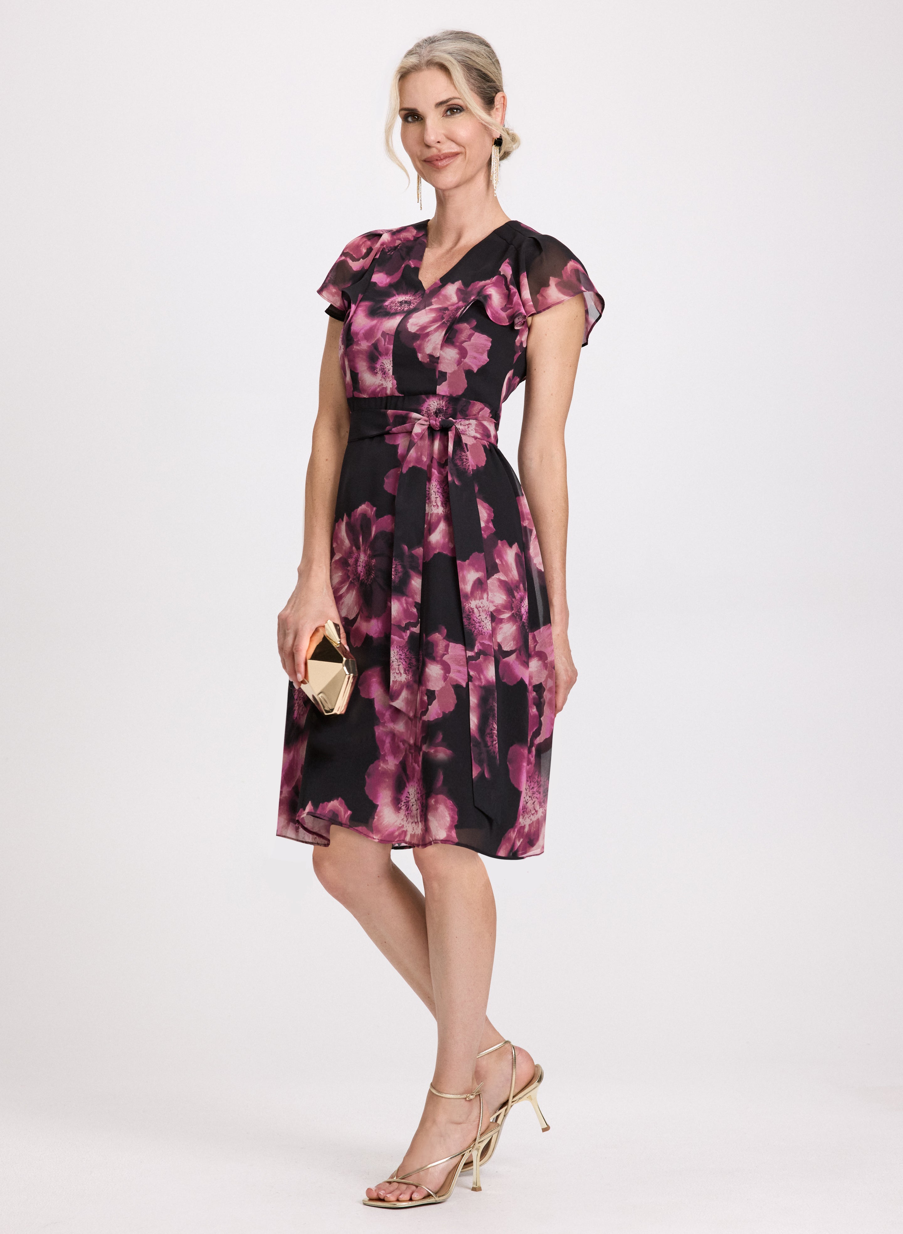 Elegant Floral Print Midi Chiffon Dress for Women - Summer Party, Wedding Guest & Vacation Outfit