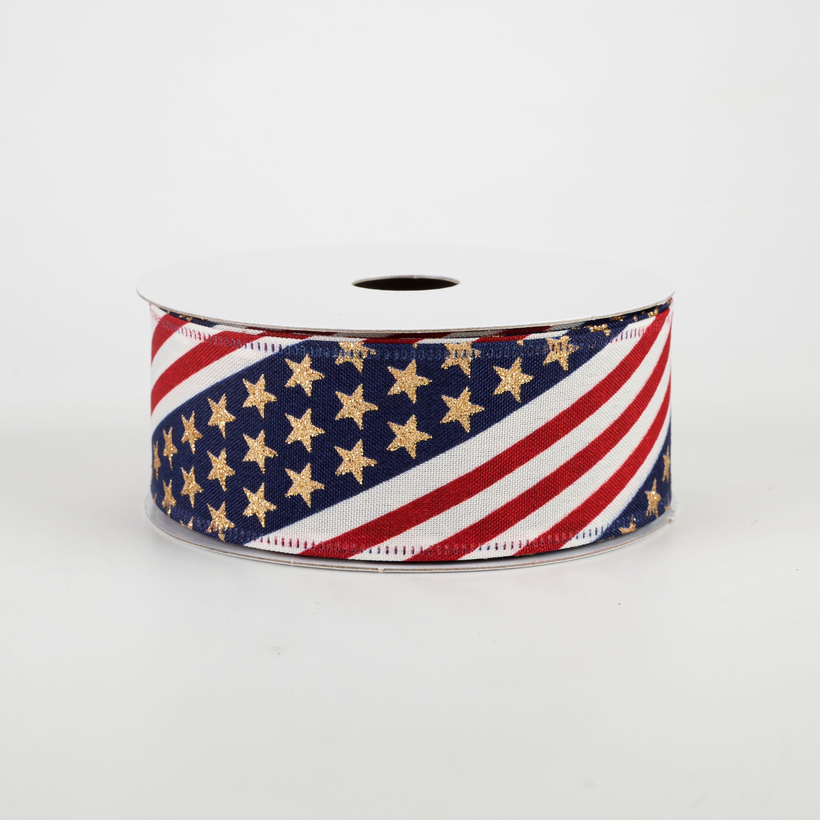 1.5 Inch Red, Navy & Gold Diagonal Stripes Patriotic Star Ribbon - 10 Yards Bulk Roll for Gift Wrapping, DIY Crafts, Party Decorations, and Holiday Bows