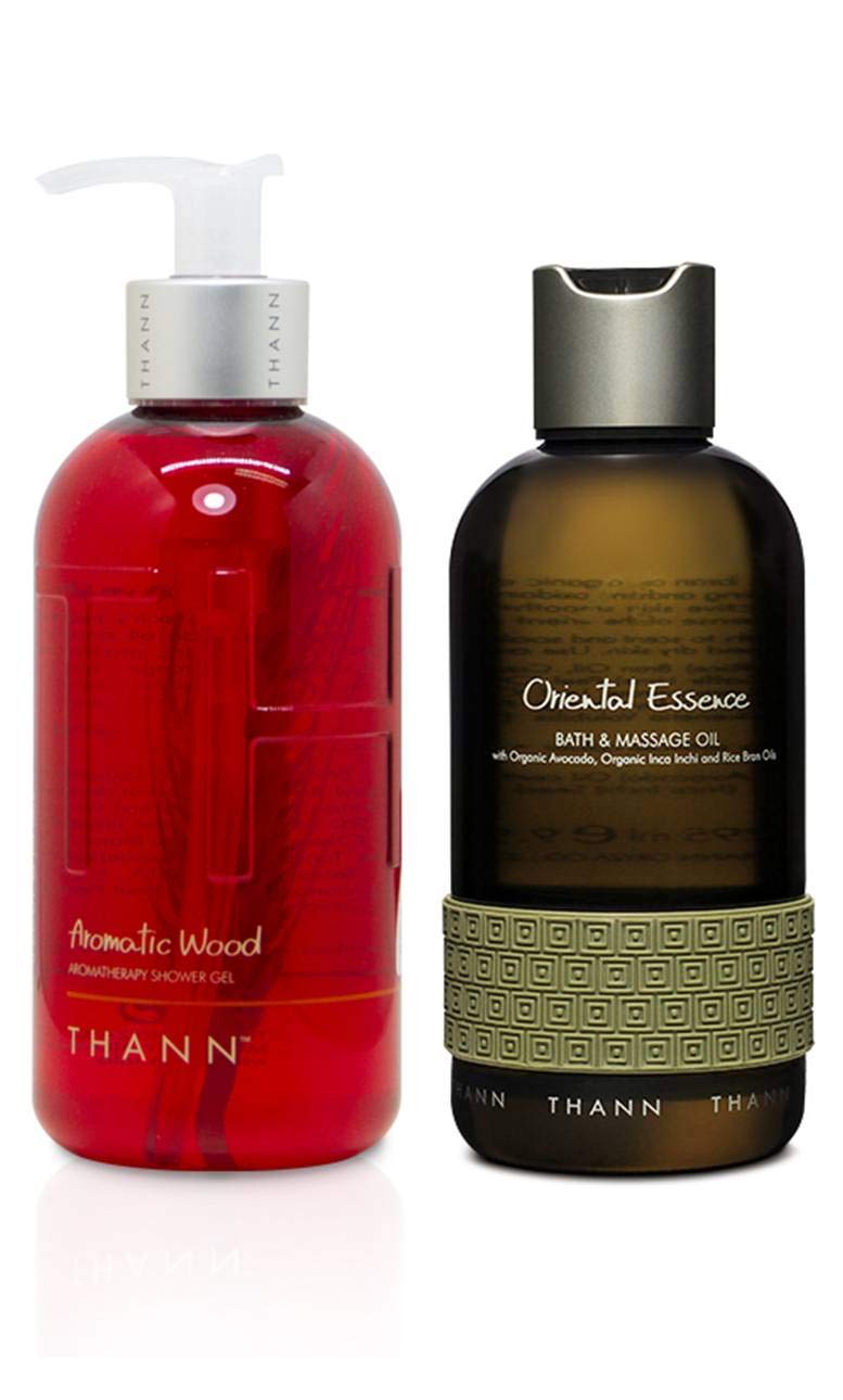 THANN Aromatic Wood Shower Gel & Oriental Essence Massage Oil Set - Relaxing Spa & Aromatherapy Gift for Home & Bathroom Luxury