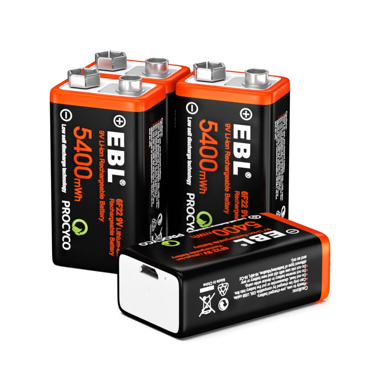 EBL USB Rechargeable 9V Lithium Ion Battery 5400mWh - Long Lasting Power for Guitar Pedals, Smoke Detectors & Electronic Devices