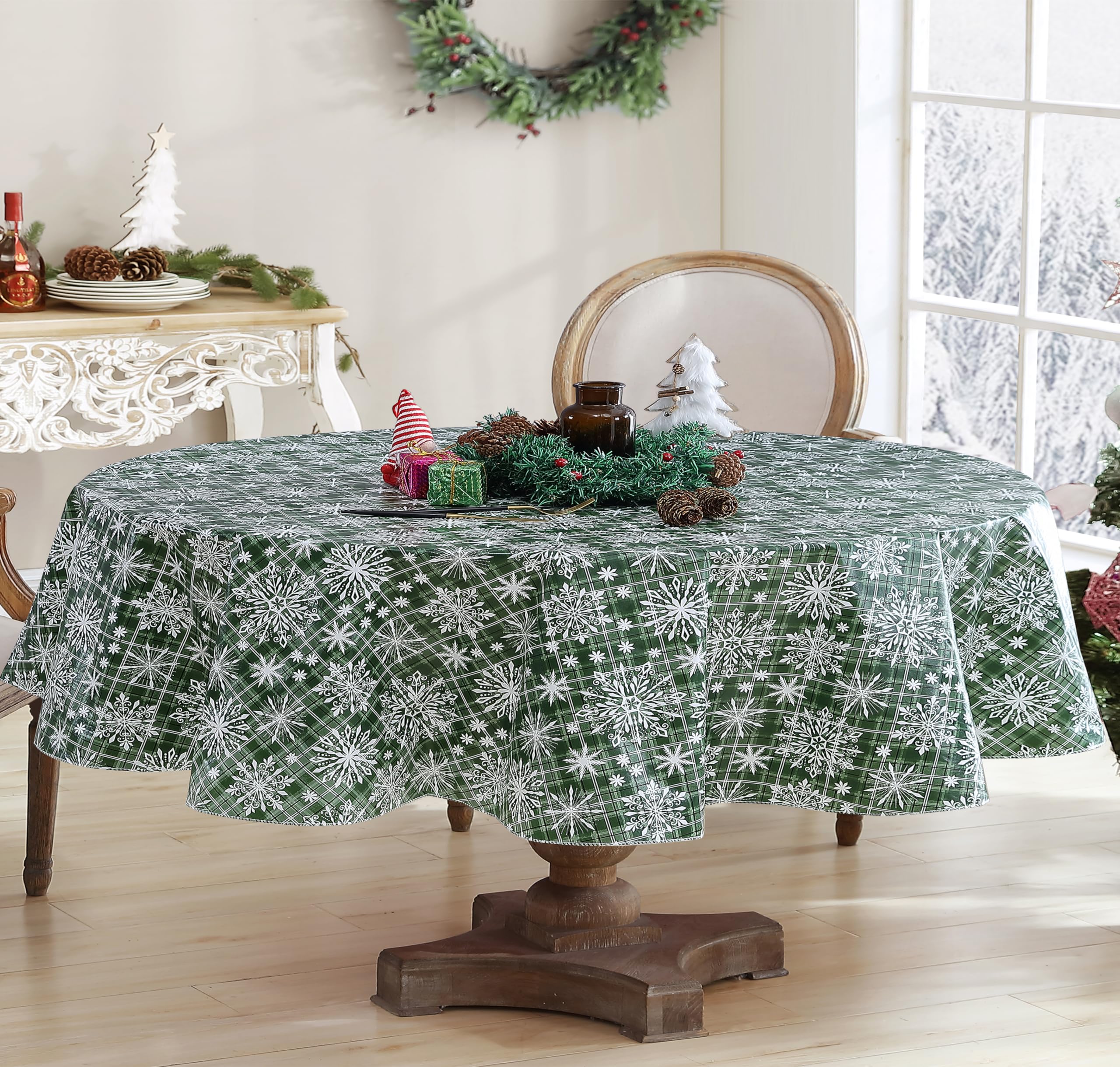 Newbridge Snowflake Plaid Christmas Tablecloth - 60x84 Inch Oval Green Vinyl Flannel Backed Holiday Table Cover with Snowfall Print | Easy Care Wipe Clean | Perfect for Christmas Dinner, Holiday Parties & Winter Decor