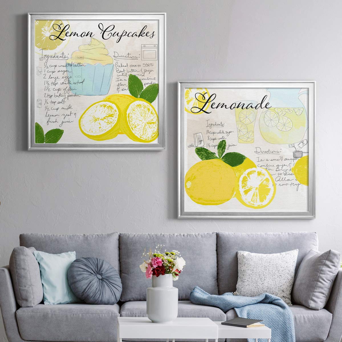 Silver Framed Lemon Cupcakes Canvas Wall Art - Modern Contemporary Rustic Romantic Industrial Wall Décor - Ready to Hang 22x22 Inches - Perfect for Kitchen, Dining Room & Home Office Decor
