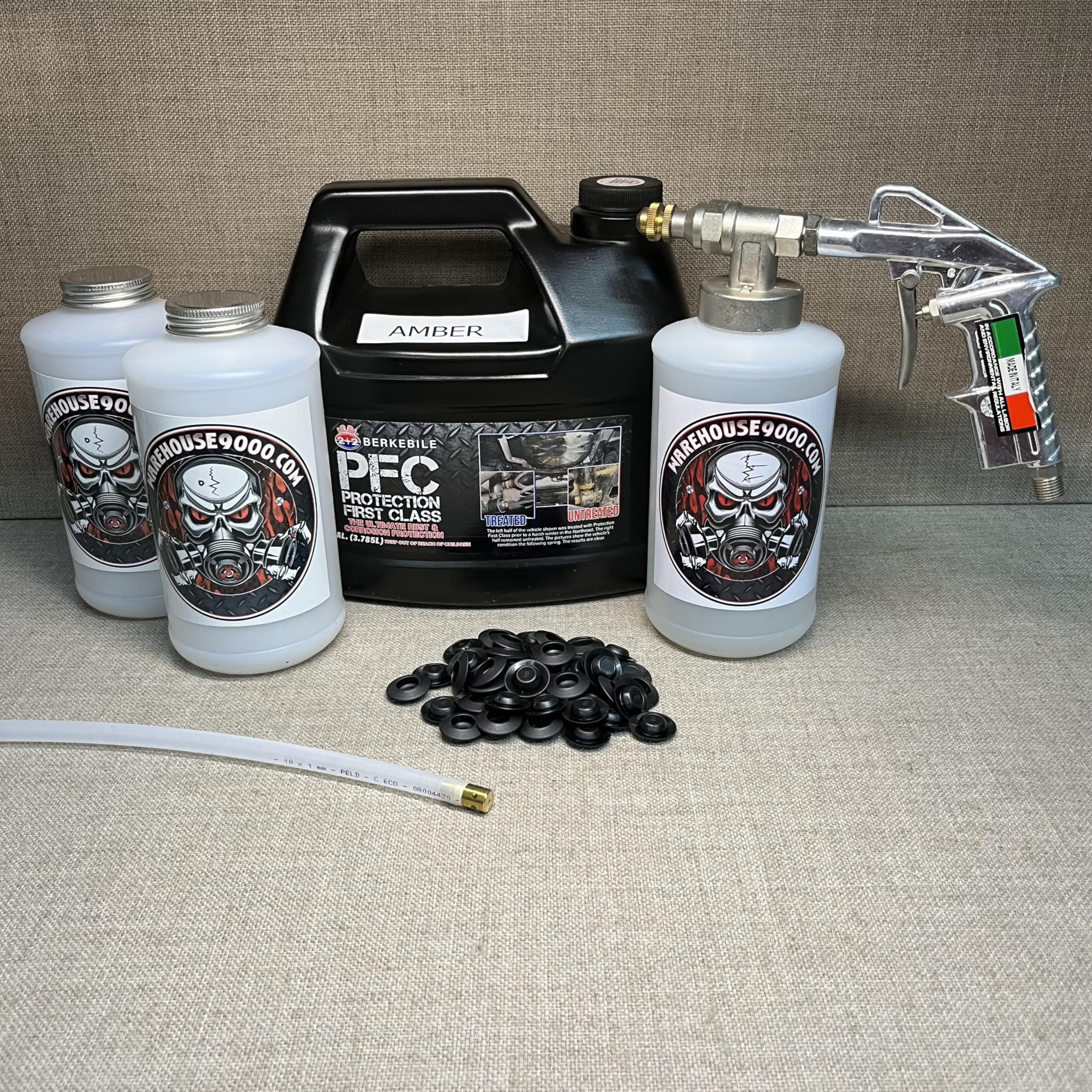 Pro Undercoating Spray Gun with 360° Wand - 3 Quart Bottles & 50 Rust Plugs - Gallon PFC Amber - Perfect for Auto Body Rust Prevention & Undercoating Protection