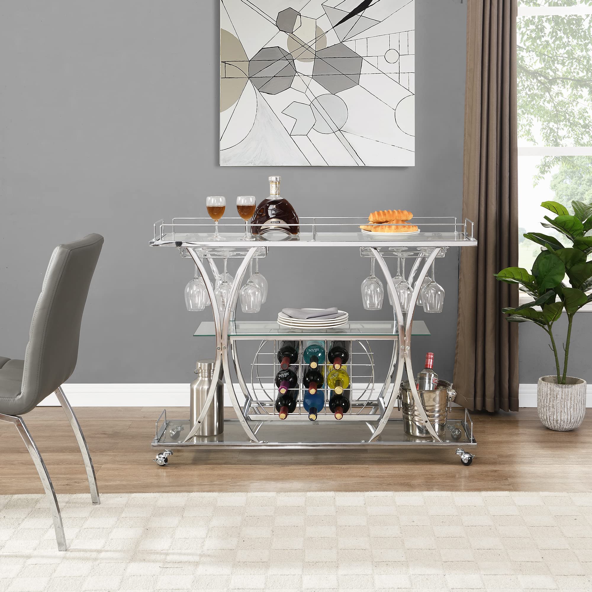 Yoluckea 3-Tier Glass Bar Cart with Wine Rack & Glass Holder - Tempered Glass Shelves, Lockable Wheels - Perfect for Home Bar, Kitchen Storage & Entertaining Guests