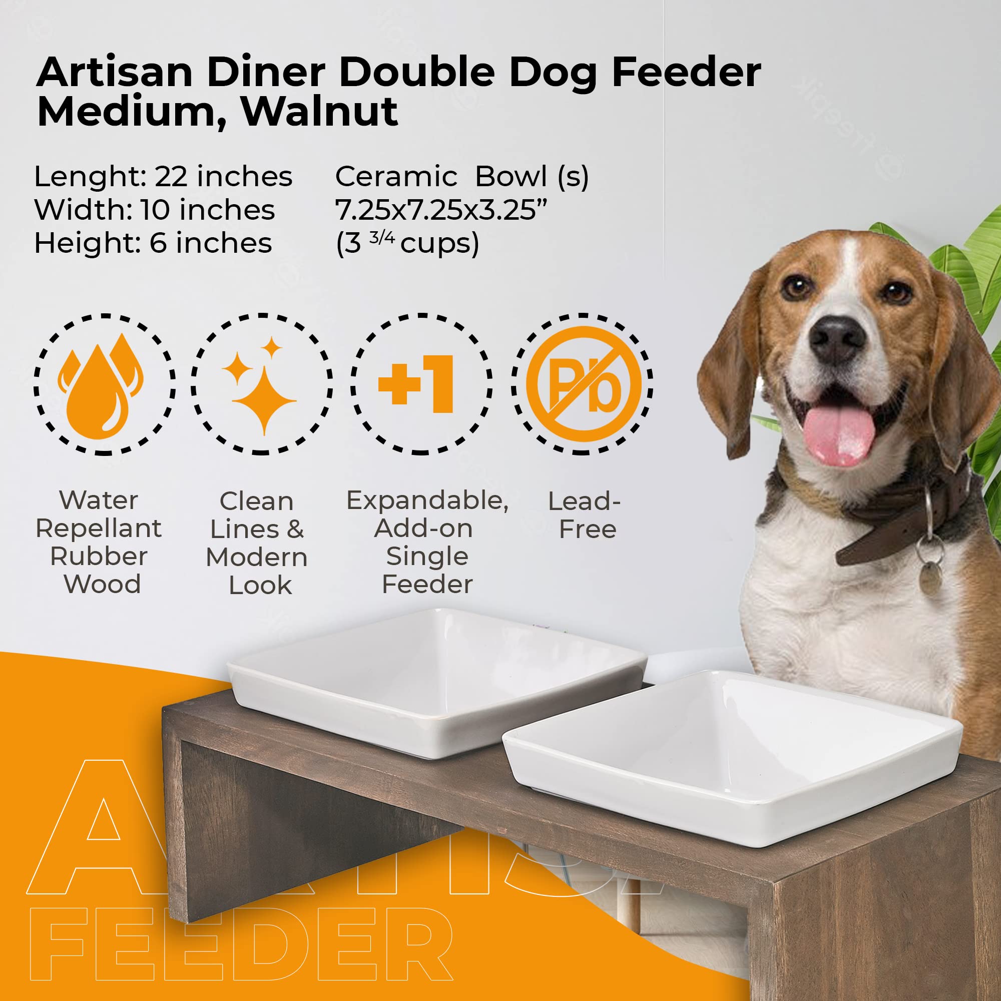 Bowsers Artisan Diner Double Dog Feeder - Handcrafted Rubberwood Frame with Square Ceramic Bowls for Medium Dogs - Walnut, 22