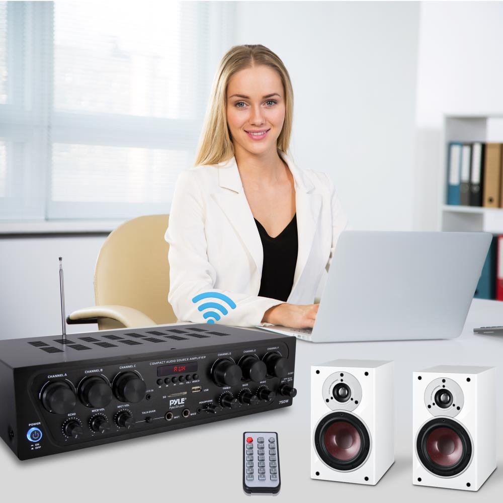 Pyle Wireless Bluetooth Home Audio Amplifier System - 6 Channel 750W Power Stereo Receiver with USB, Micro SD, Headphone Jack & Dual Mic Inputs with Echo, Talkover - Perfect for Home Theater, Karaoke Parties & PA Systems - PTA62BT.5