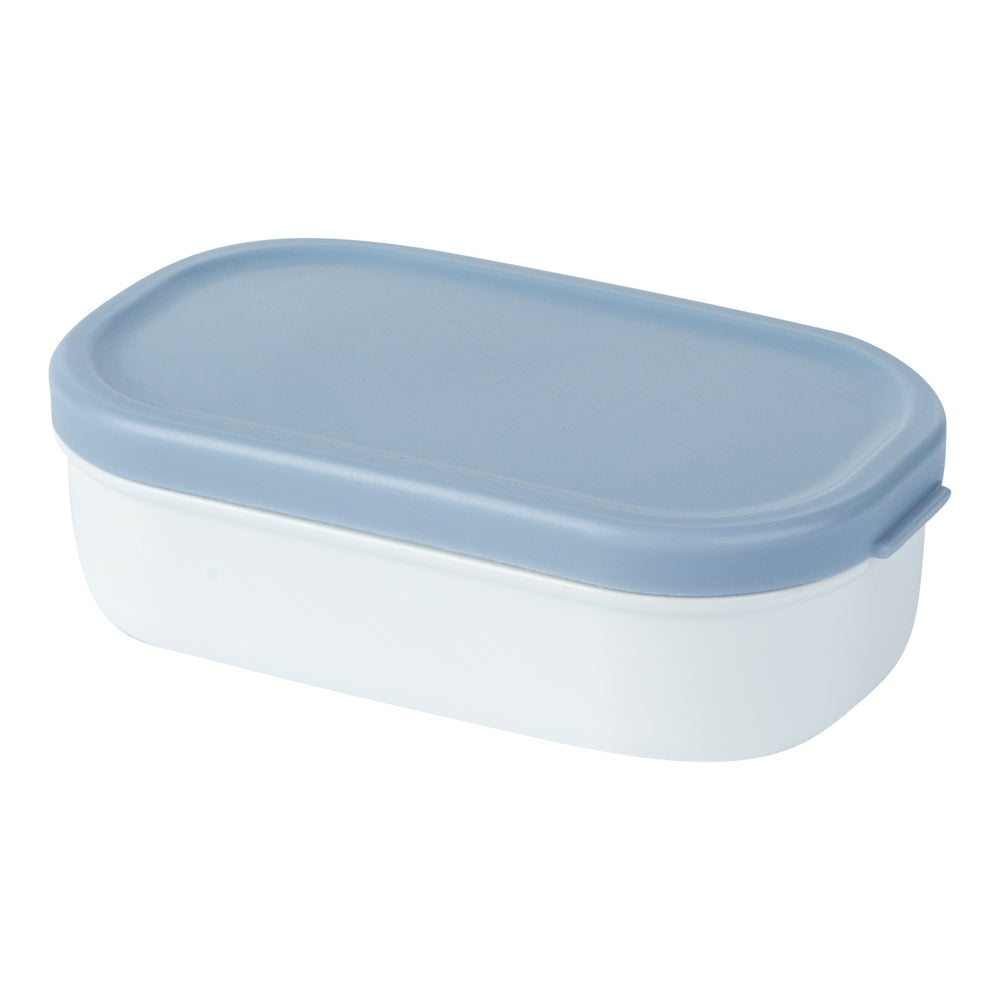 Bento Tek 3 oz White Buddha Box Snack & Sauce Containers with Blue Lids (4-Pack) - 3.75