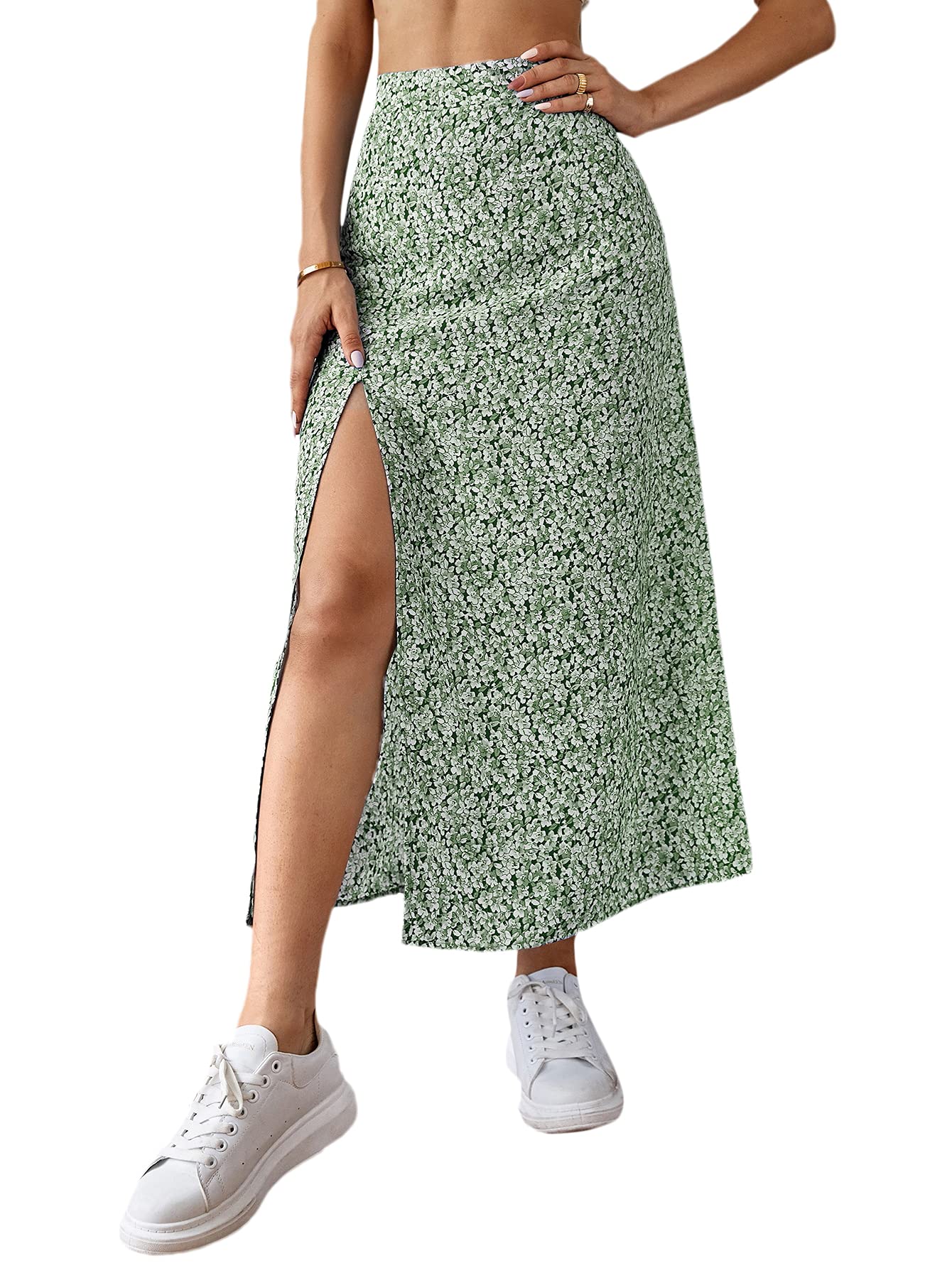 Milumia Women's Floral Print High Waist Midi Skirt with Side Slit - Boho Summer Skirt for Beach, Vacation & Casual Outfits