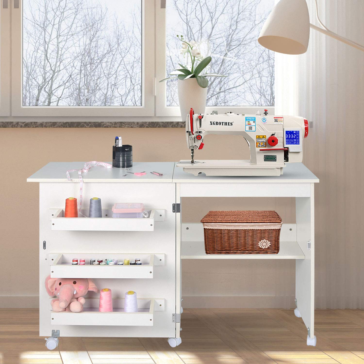 Usinso Folding Sewing Table with Storage Shelves - Multifunctional Rolling Sewing Machine Cart, Craft Cabinet & Portable Computer Desk with Lockable Casters (White) | Perfect for Home Sewing Projects, Quilting & Craft Rooms