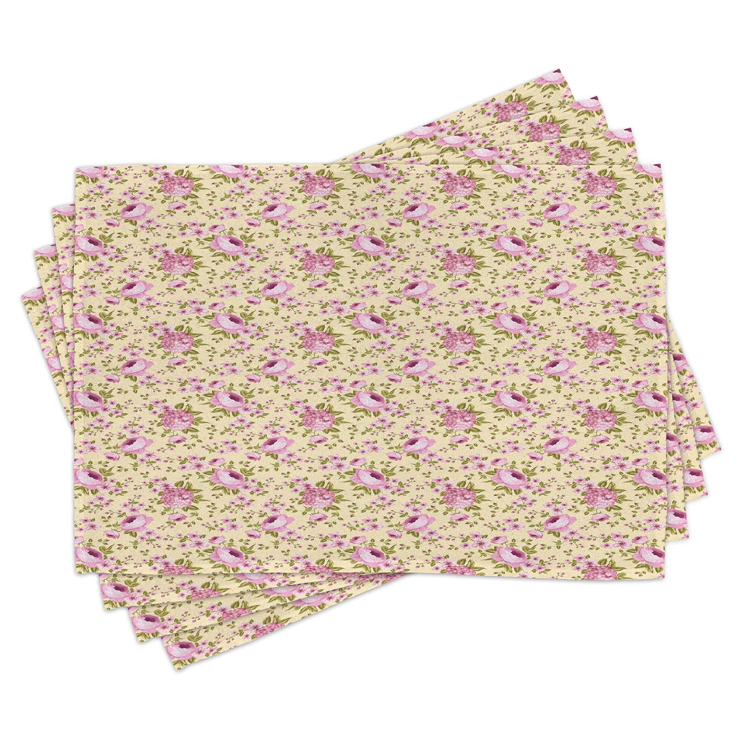 Ambesonne Peony Place Mats Set of 4 - Vintage Hydrangea Floral Washable Fabric Placemats for Dining Table & Kitchen Decor in Beige, Pink & Olive Green | Perfect for Spring Brunch, Dinner Parties & Home Styling
