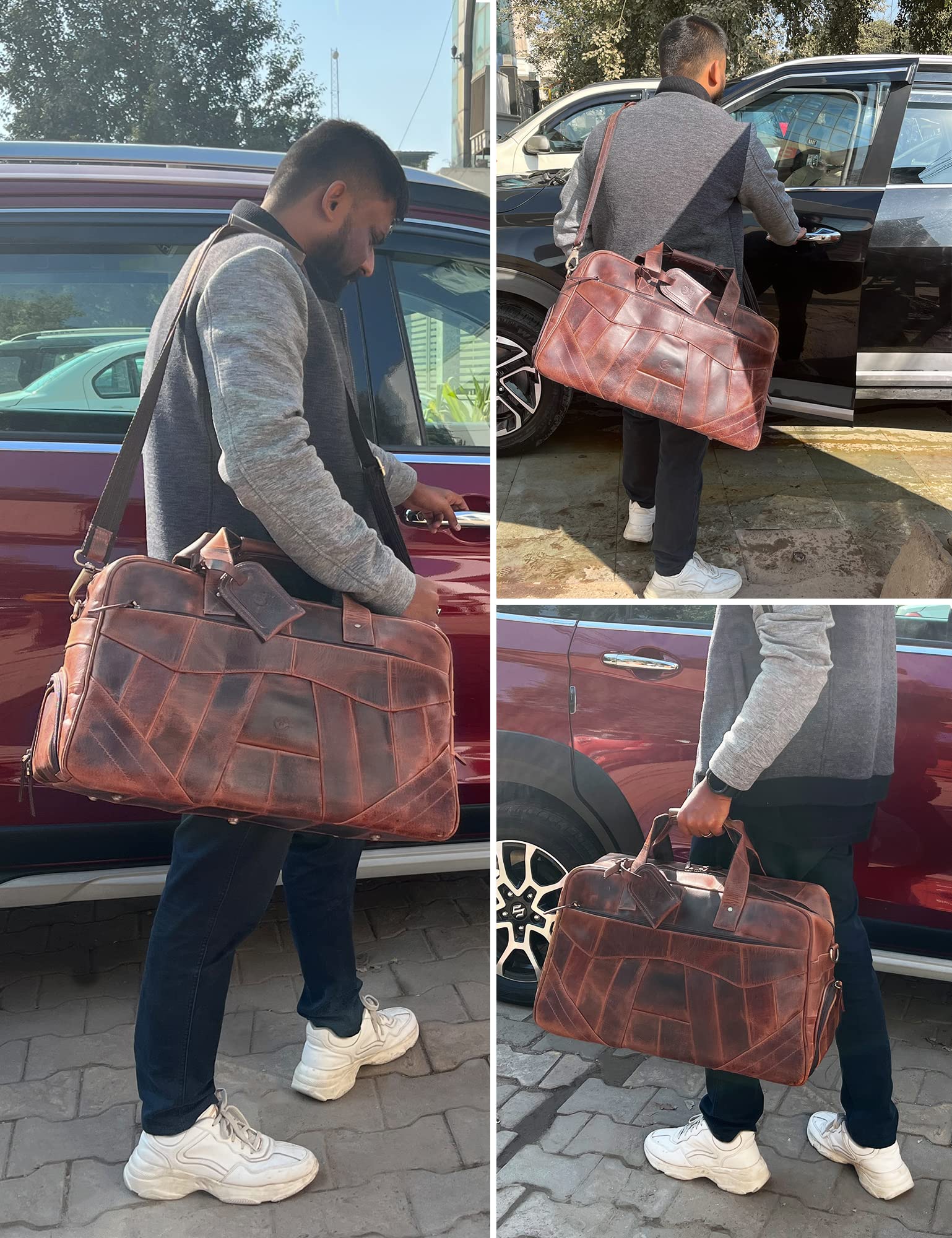 Premium Men's Leather Duffle Bag - Waterproof Travel & Gym Weekender with 2 Shoe Compartments - Airplane Underseat Carry On Luggage for Business Trips, Weekend Getaways & Sports Gear Storage