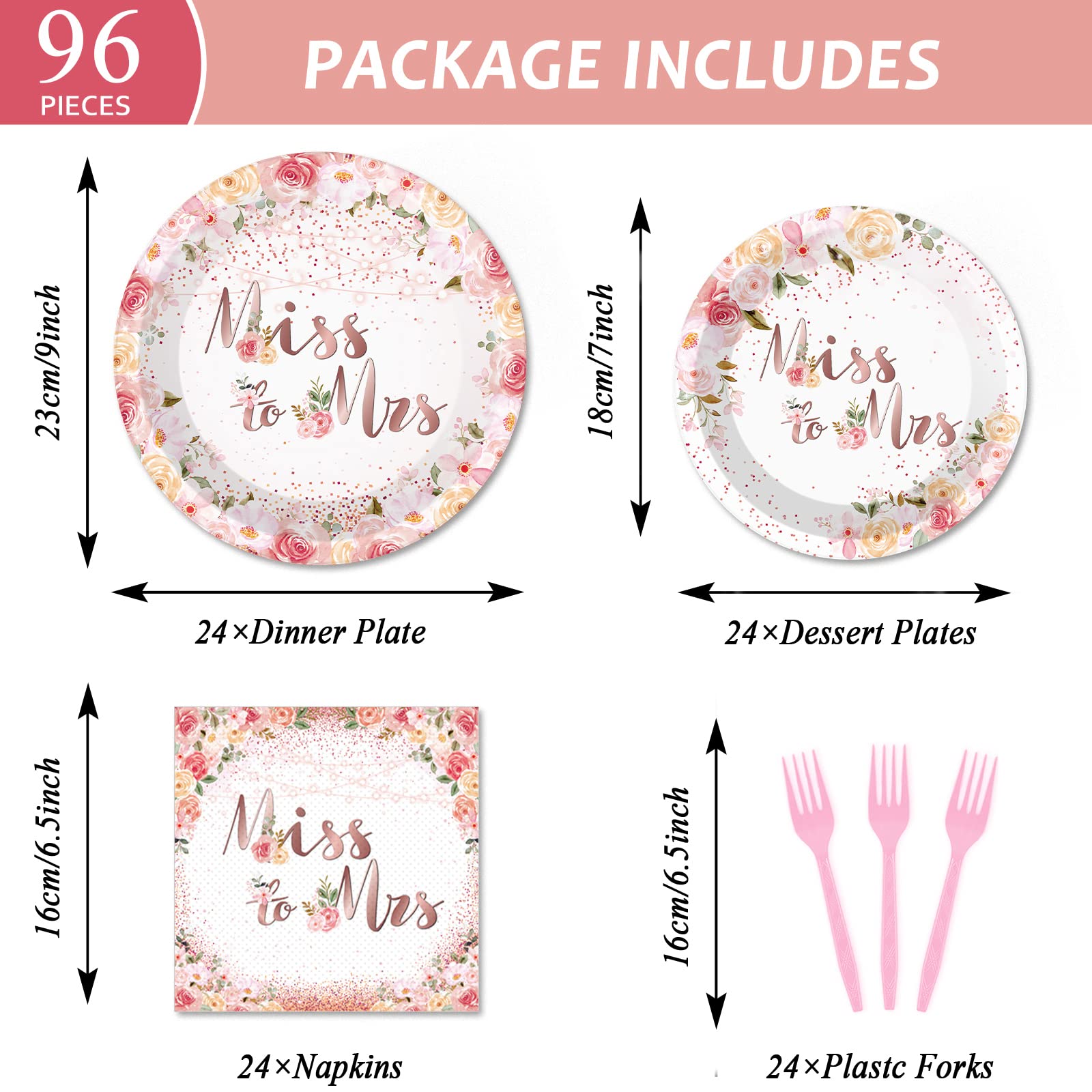 96-Piece Bridal Shower Party Decorations Set - Miss to Mrs Tableware Kit with Dessert Plates, Napkins & Forks for 24 Guests | Engagement, Wedding & Bachelorette Party Supplies | Perfect for Bridal Showers, Wedding Receptions & Girls' Night Celebrations