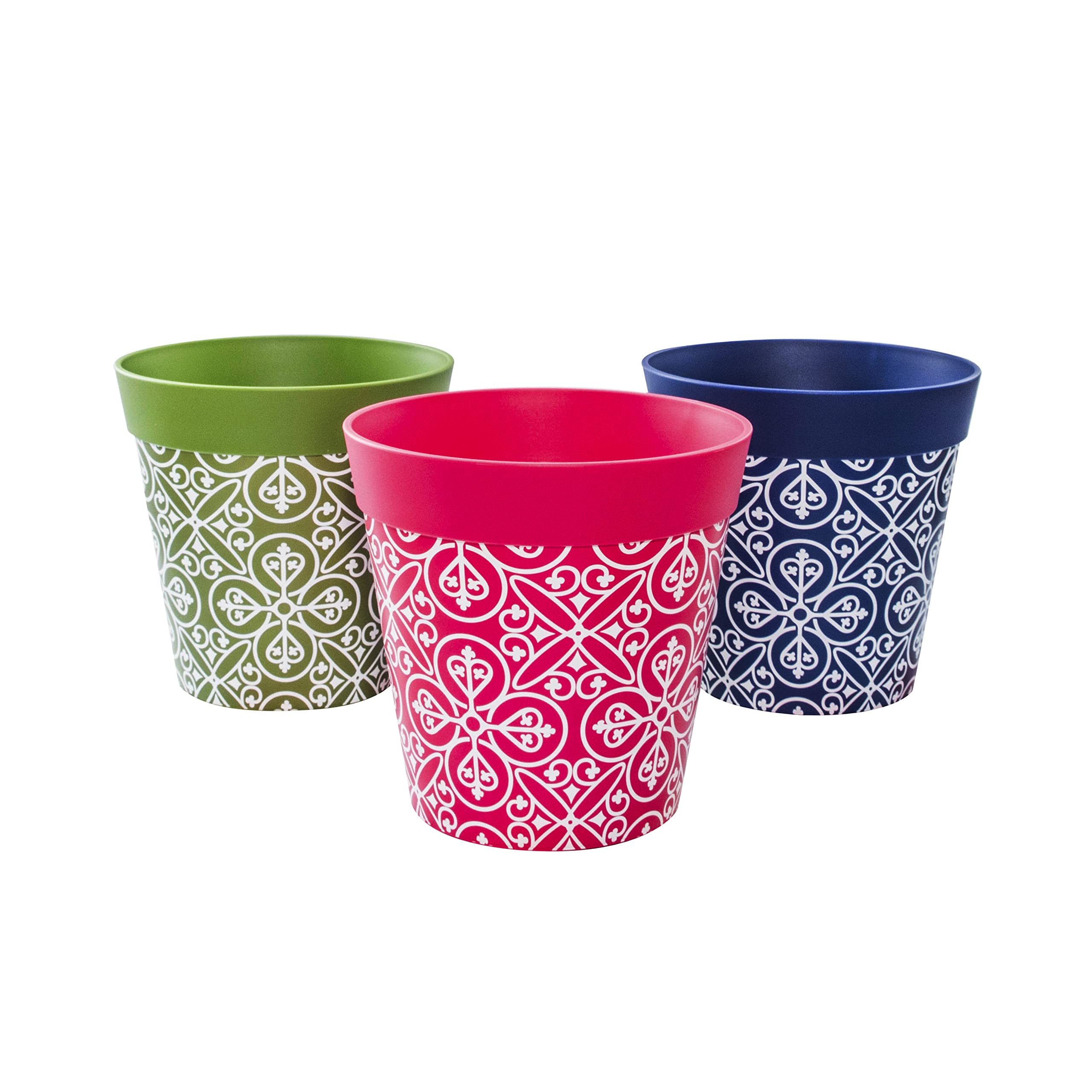 Hum Flowerpots Set of 3 - 15cm Decorative Plastic Planters with Moroccan Patterns for Indoor & Outdoor Use - Perfect for Succulents, Herbs & Small Plants